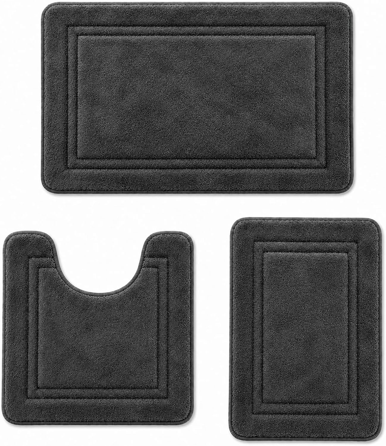Bathroom Rugs Set 3 Piece, Bordered Memory Foam With Toilet Mats Dark Gray