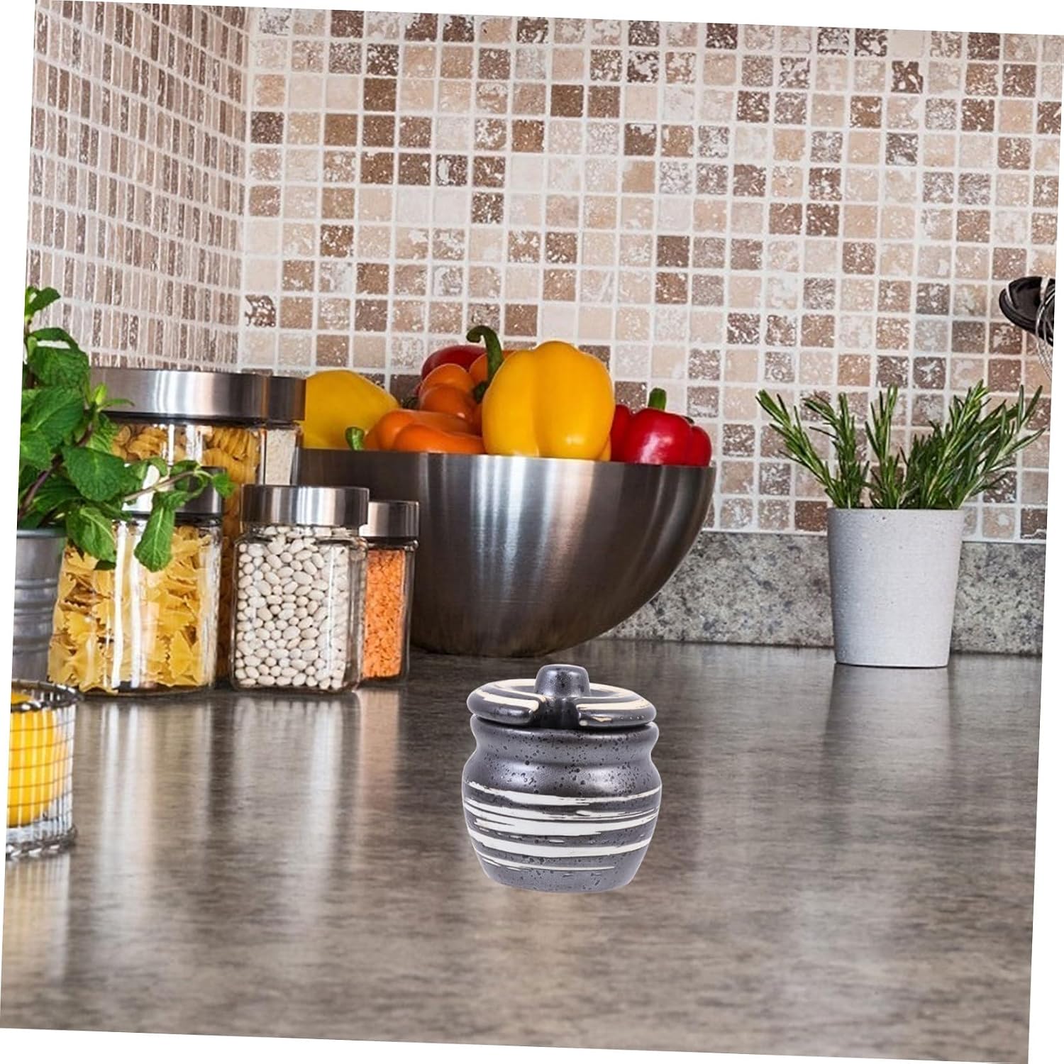 Ceramic Condiment Pot Seasoning Pot for Salt and Sugar Black
