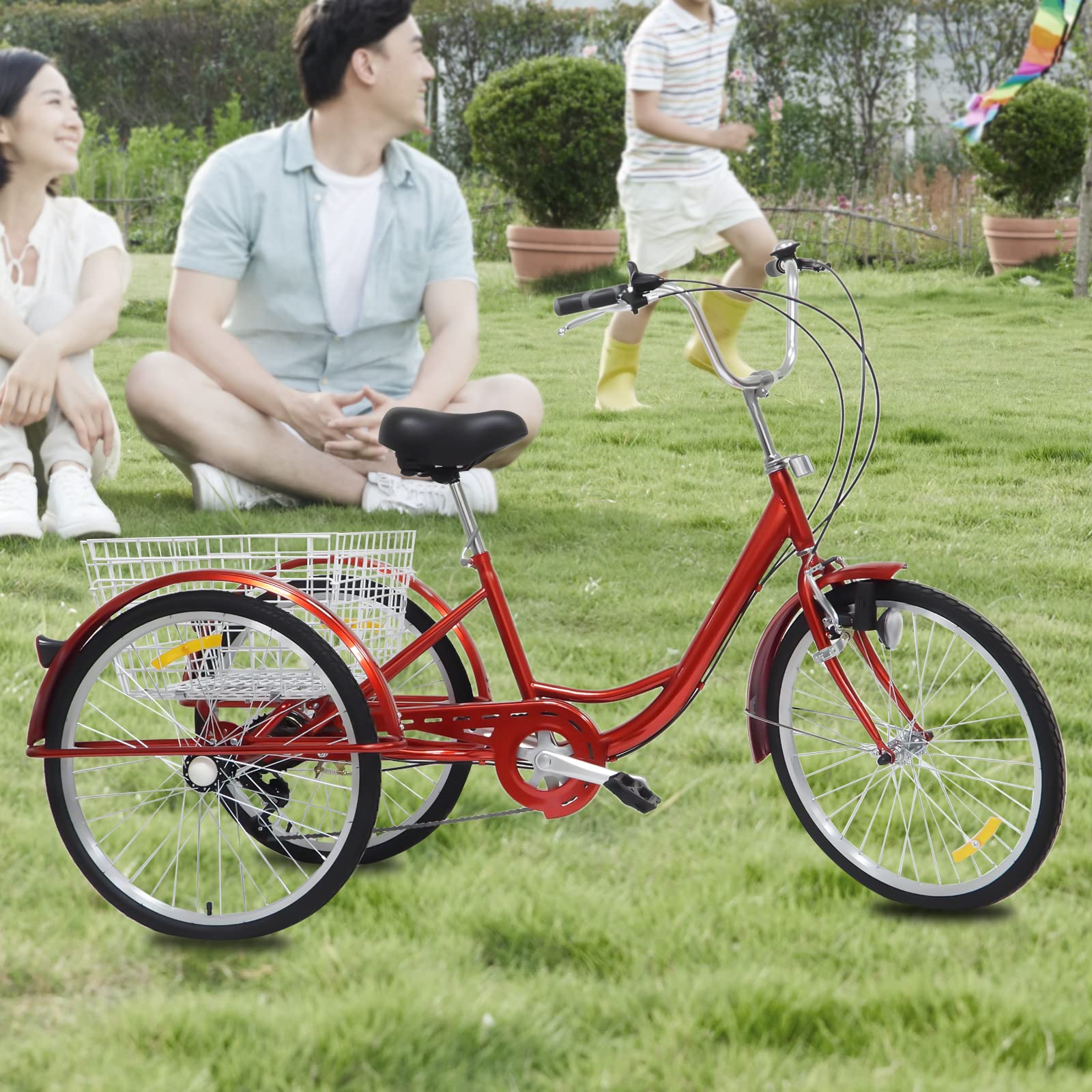 Tricycle adulte de 24 pouces 6 vitesses avec panier et lumière, vélo cruiser à trois roues pour les loisirs, le shopping, les pique-niques (rouge)