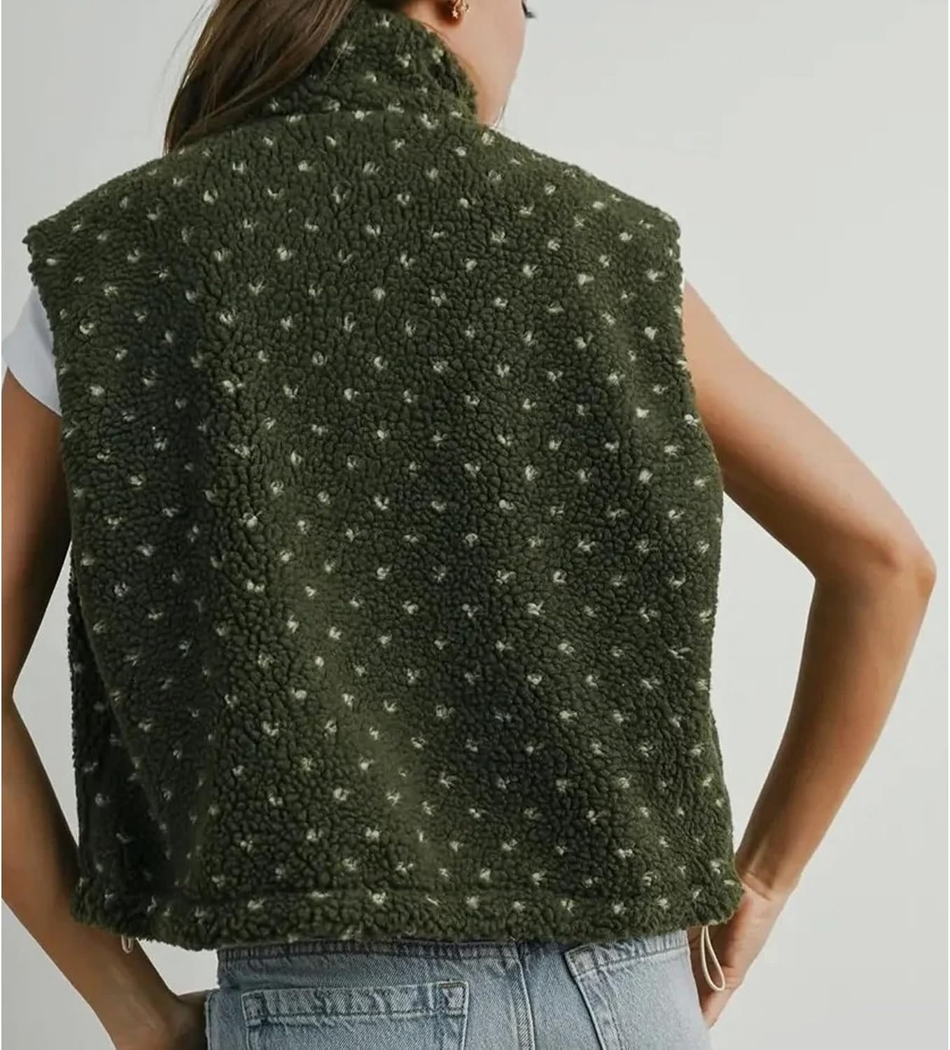 SeeLuNa Slouchy Fleece Jacket Women Sleeveless High Neck Full Zipper Polka Dot Sherpa Vest Fuzzy Waistcoat Gilet with Pockets