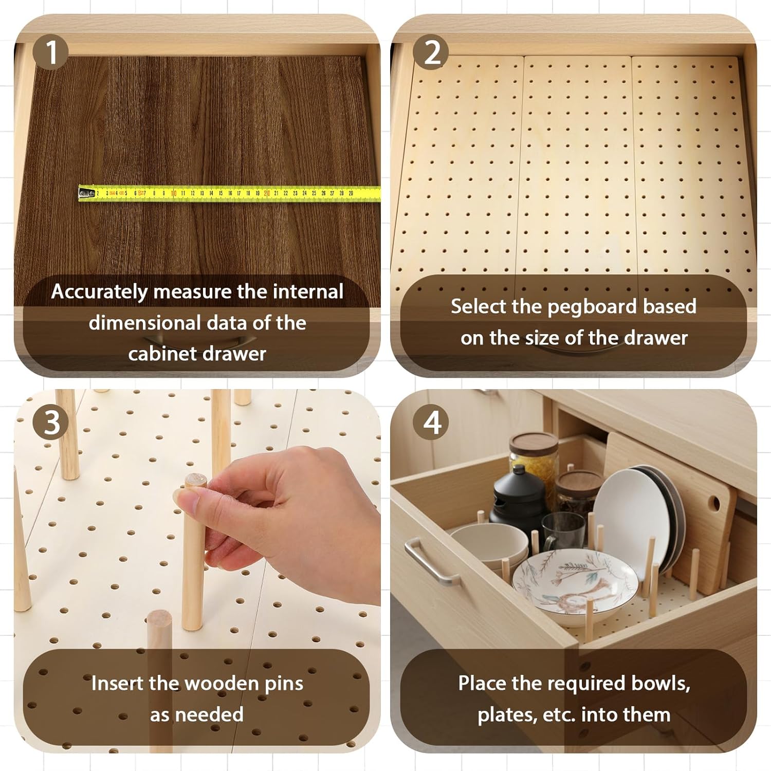 6 Pcs Wood Pegboard Drawer Organizer with 48 Pegs, Wooden Peg Board Drawer Shelf Organizer Adjustable Peg Drawers Organizers for Kitchen Dishes Plate Pegboard Food Containers(17x5.91, Wood)