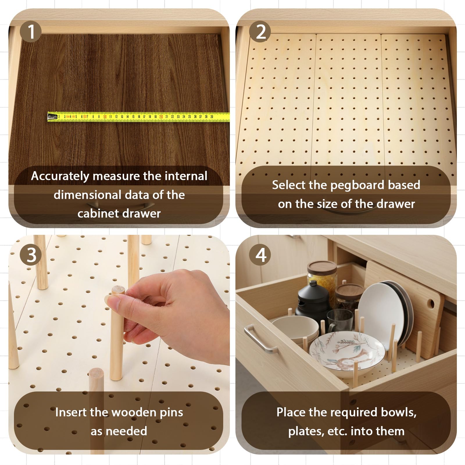 Lot de 6 organiseurs de tiroir en bois perforé avec 48 piquets, étagères de tiroir réglables pour cuisine, vaisselle, assiette, boîtes alimentaires (43,2 x 15,9 cm, bois)