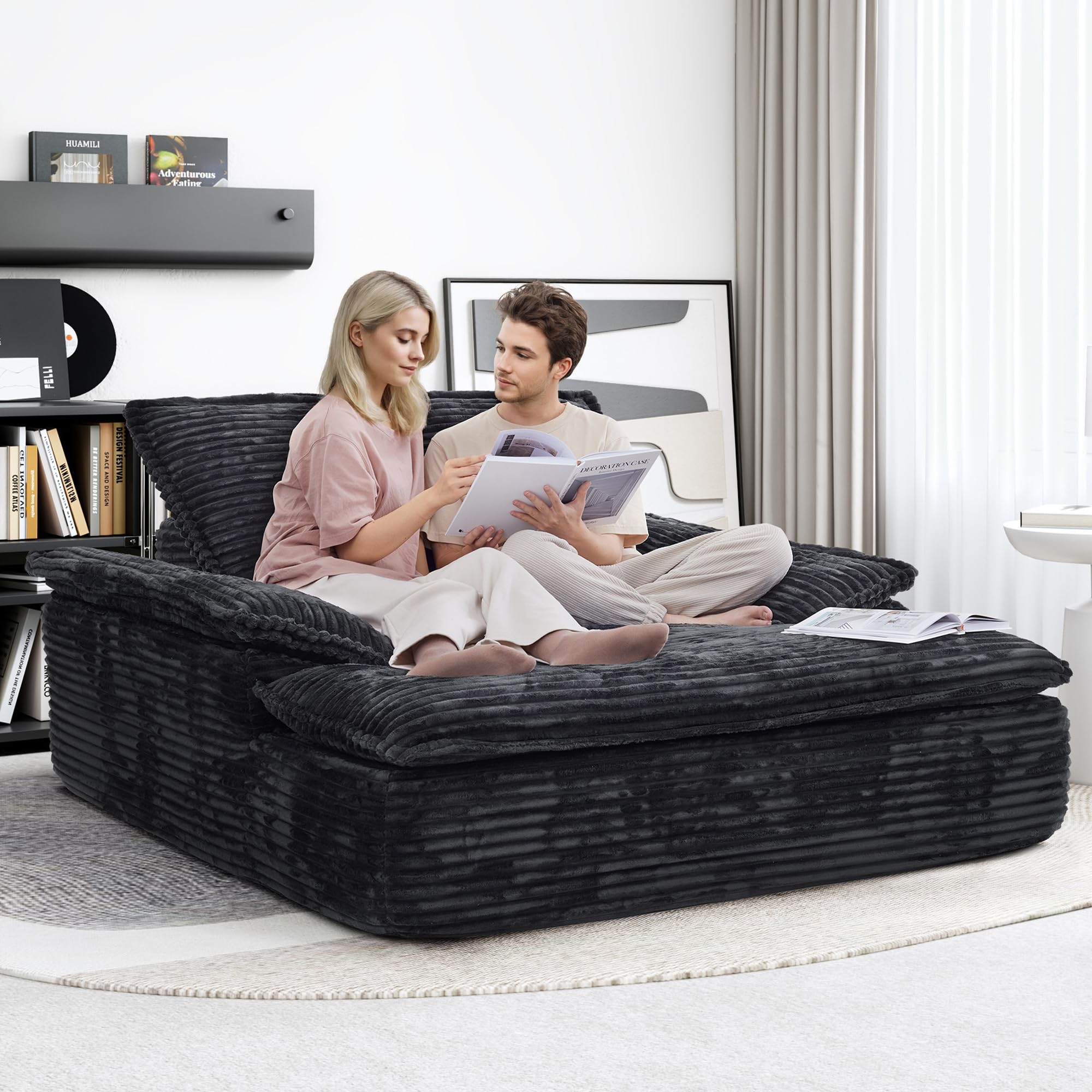 LIKIMIO 59''W Oversized Chaise Lounge Chair Sofa Bed - Plush Corduroy Upholstered Reading Chair, Cloud Couch for Living Room, No Assembly (Black)