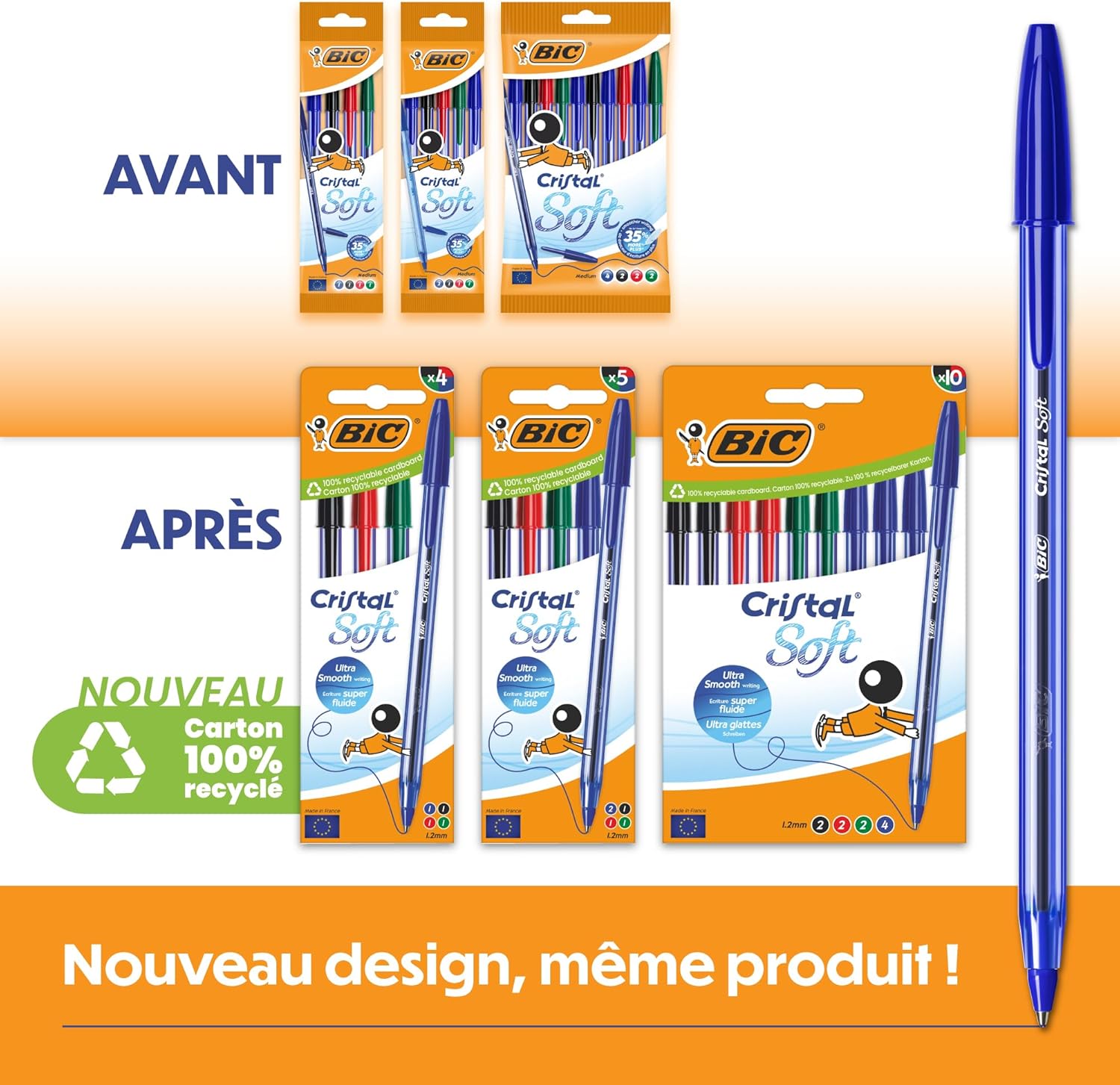 Bic Cristal Soft Ballpoint Pens Medium Tip (1.2 mm) with Easy Glide Ink – Black, Box of 10