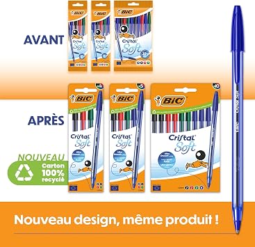BIC Cristal Soft medium tip ballpoint pen (12 mm) and softline ink – black cardboard box of 10