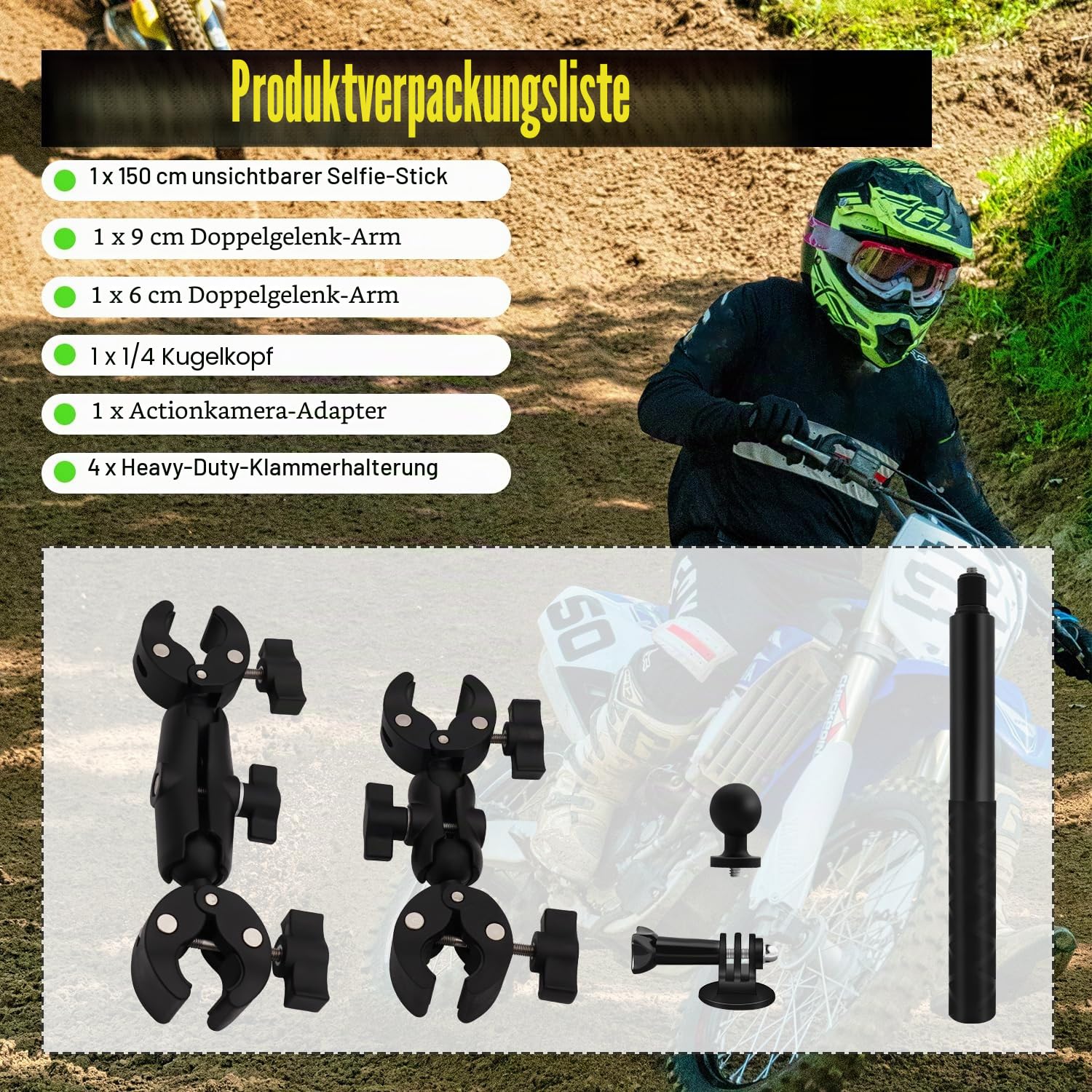 Motorrad Doppelt Klemme Halterung Kit mit 59" Unsichtbarem Selfie Stick kompatibel für Insta 360 X5 X4 X3 X2 X ONE RS R GO 3 Aluminium Legierung Hochbelastbar Lenker Klemme Halterung Zubehör