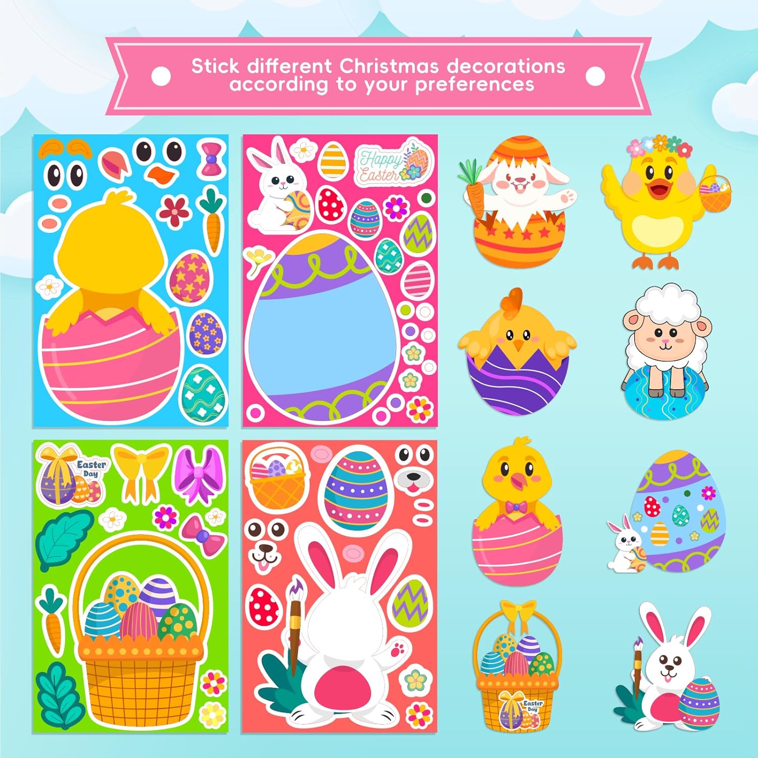 Max Fun 48 Sheets Easter Stickers for Kids Bulk Cute Holiday Stickers Funny DIY Crafts Activities Party Favors Game Gifts for Boys Girls