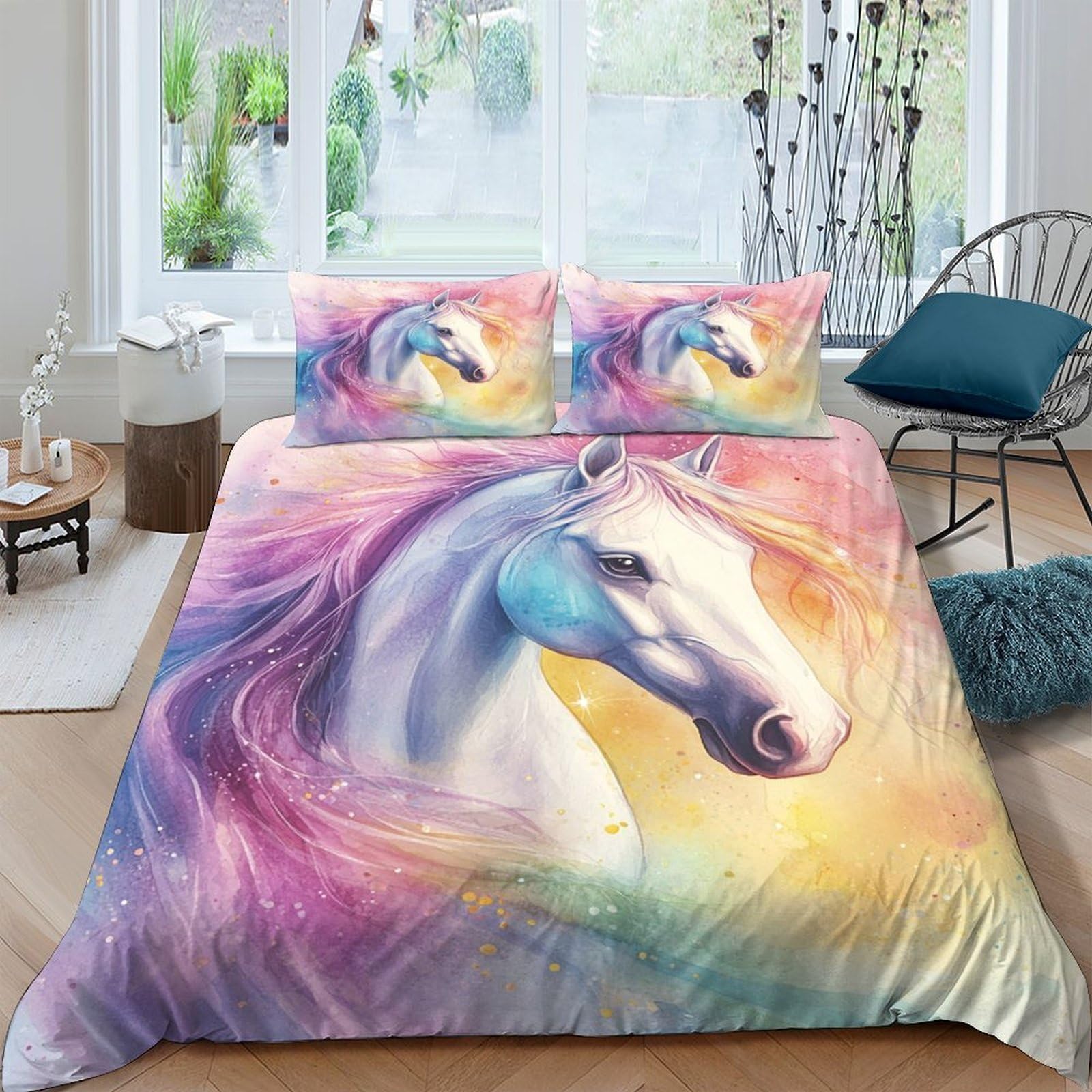 Ctjqhvkz Style-6 3D Printed Rainbow Unicorn Fitted Sheet Microfiber Soft Anti-Slip Fantasy Horse Bed Cover For Bedroom Dorm Decor Machine Washable Single（135X200cm）