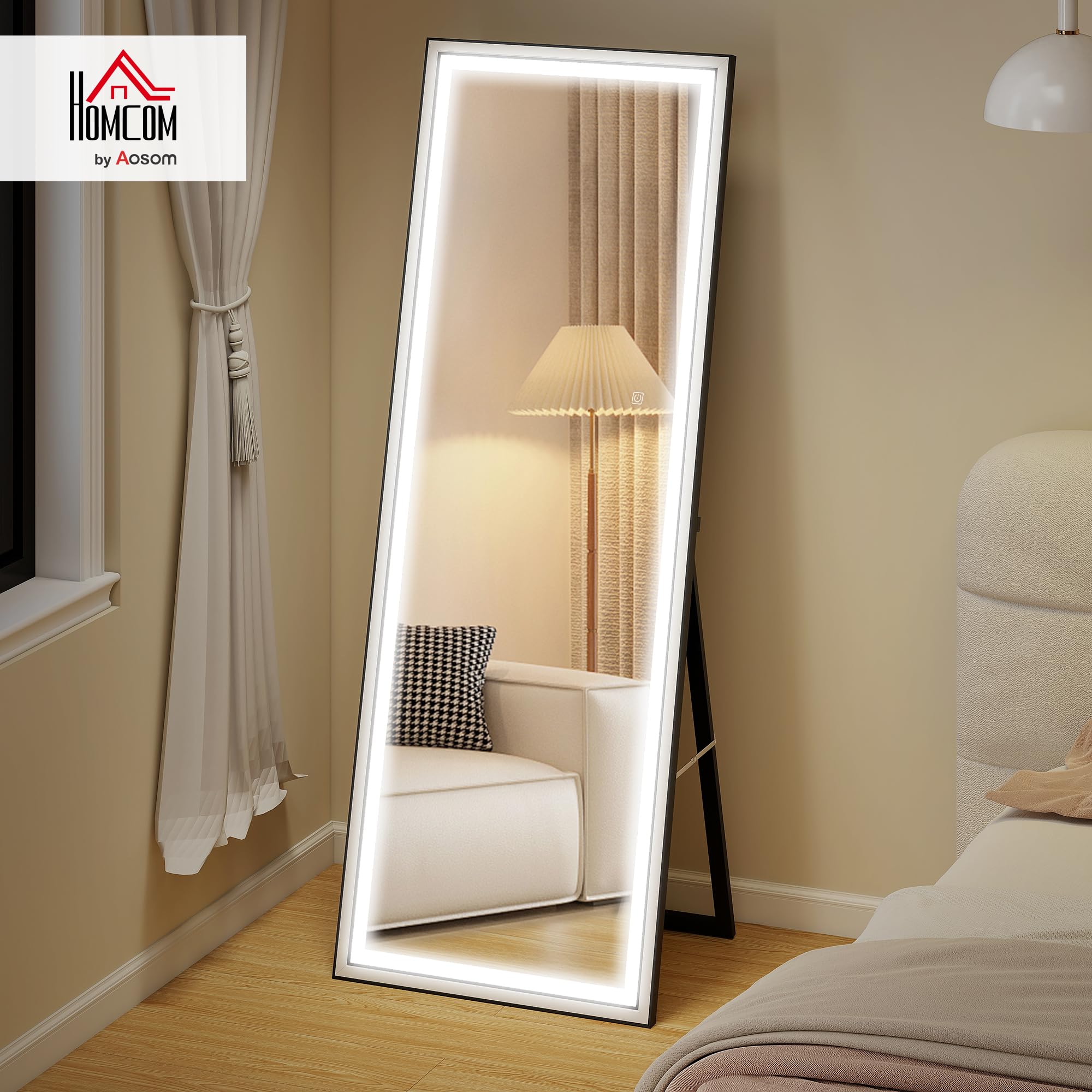 HOMCOM Espejo de Pie Cuerpo Entero con Luces, 165x60 cm, Espejo de Cuerpo Entero, 3 Temperaturas de Color, Brillo Ajustable, Independiente, Apoyado y de Pared, para Dormitorio, Salón, Blanco y Negro