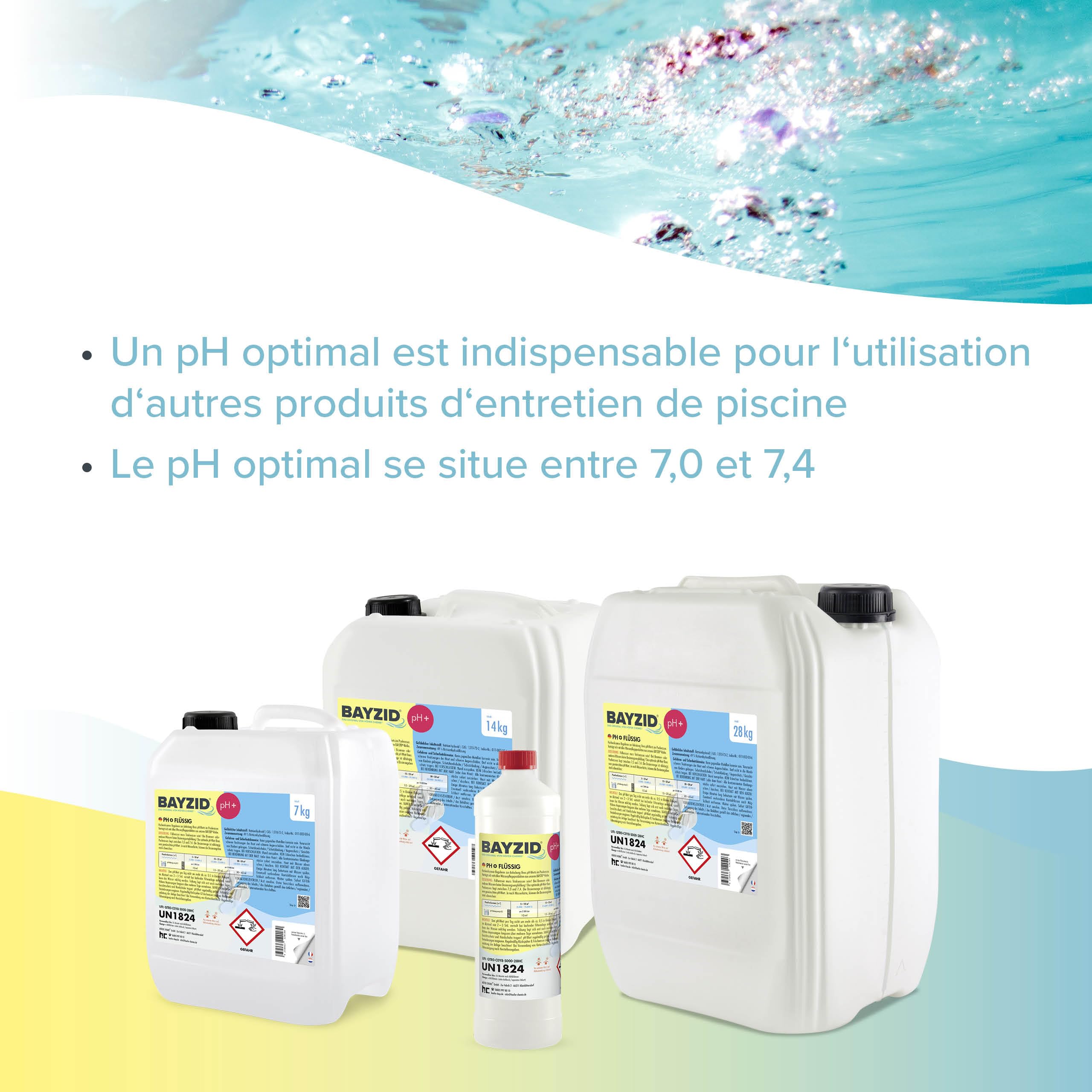 BAYZID® pH Plus Liquide - Augmenteur de pH pour Piscine - Bidon de 2 x 7 kg (14 kg) - Compatible Tous Traitements - Qualité Pure et Stable