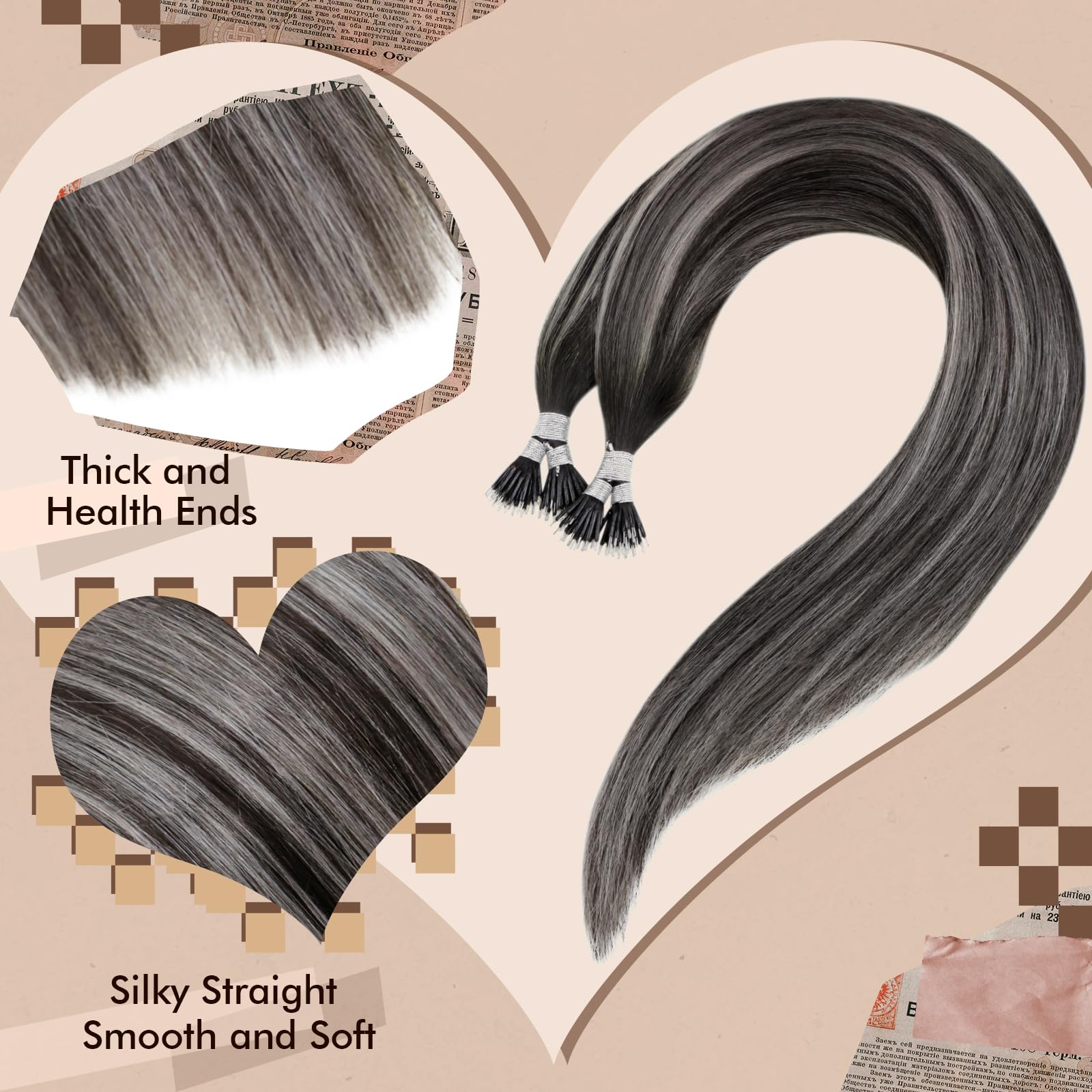 Hetto Nano Hair Extensions Real Human Hair Black Ombre Silver 22 Inch, Invisible Nano Beads Hair Extension - Image 4