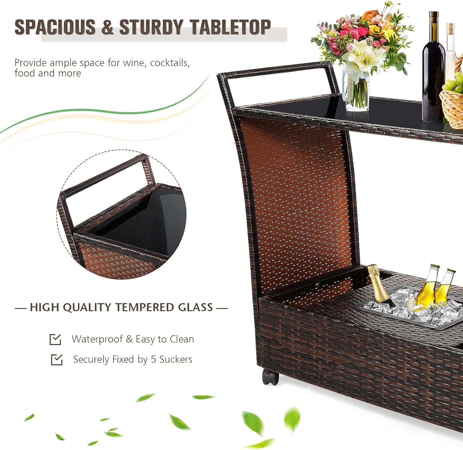 RELAX4LIFE Outdoor Wicker Bar Cart with Removable Ice bucket, Patio Serving Counter Table with Glass Top & Wheels, Storage Compartments Rattan Rolling Trolley for Pool, Backyard,Porch Wine Cart, Brown