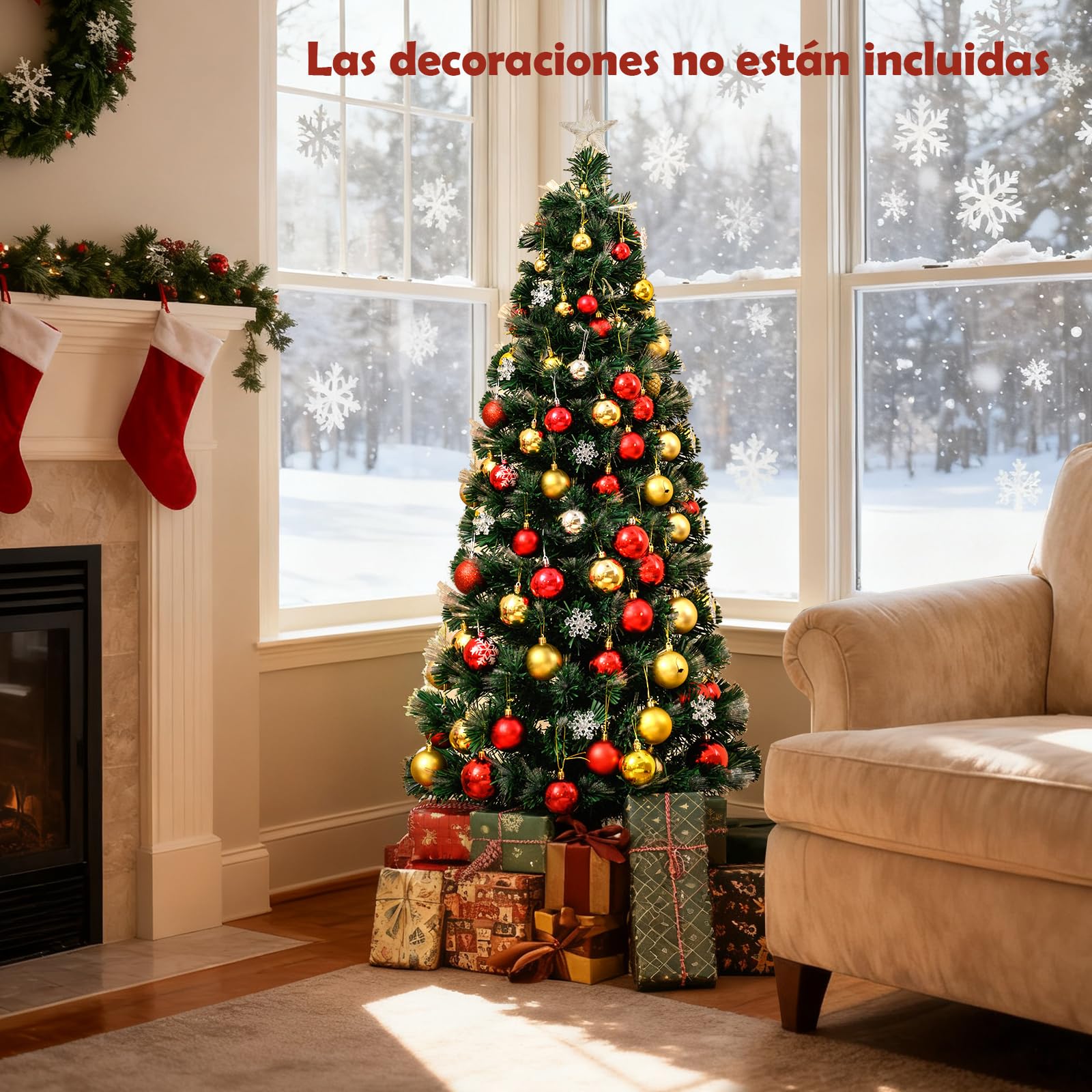 COSTWAY Árbol de Navidad de Fibra Óptica 150 cm, Arbol de Navidad con Luces Incorporadas, 8 Modos de Luz, 170 Puntas de PVC, 20 Copos de Nieve, Estrella, Arvore de Natal Hogar Oficina (150cm)