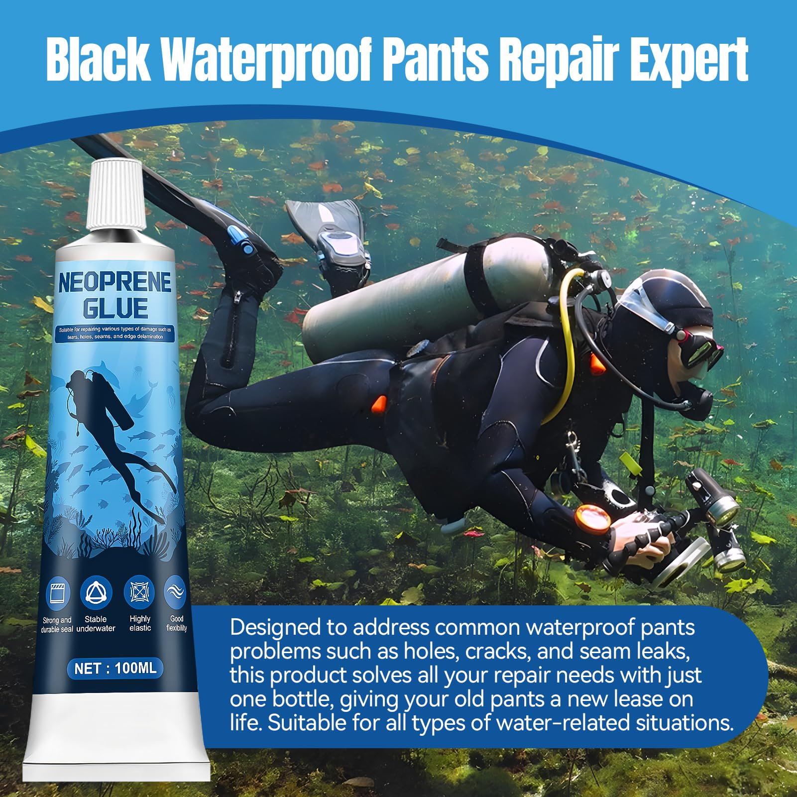 ALLONY Colla Neoprene per Muta, 100ML Colla Neoprene, Collas per Riparare Muta in Neoprenes, Flessibile Resistente, Adatto per Riparare Buchi e Strappi su Waders, Mute, Nero