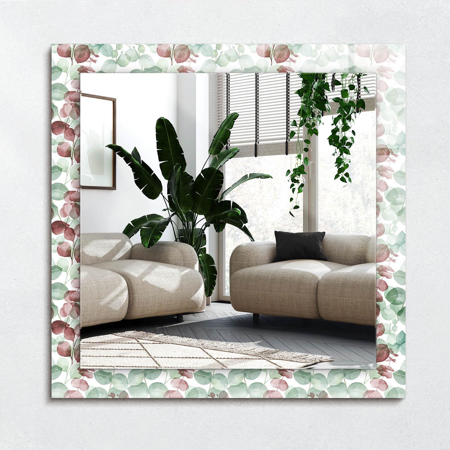 Stylowe lustro ścienne prostokątne 60 x 60 cm (23,6 cala x 23,6 cala) | czyste szklane obramowanie z nadrukiem - liście akwareli