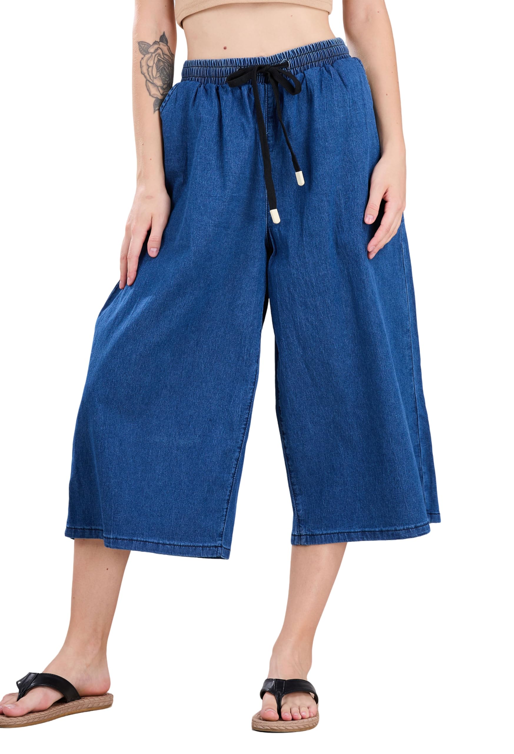 CHARTOU Women Elastic Waist Wide Leg Capris Cropped Denim Pants Jeans Palazzo Culottes with Pocket