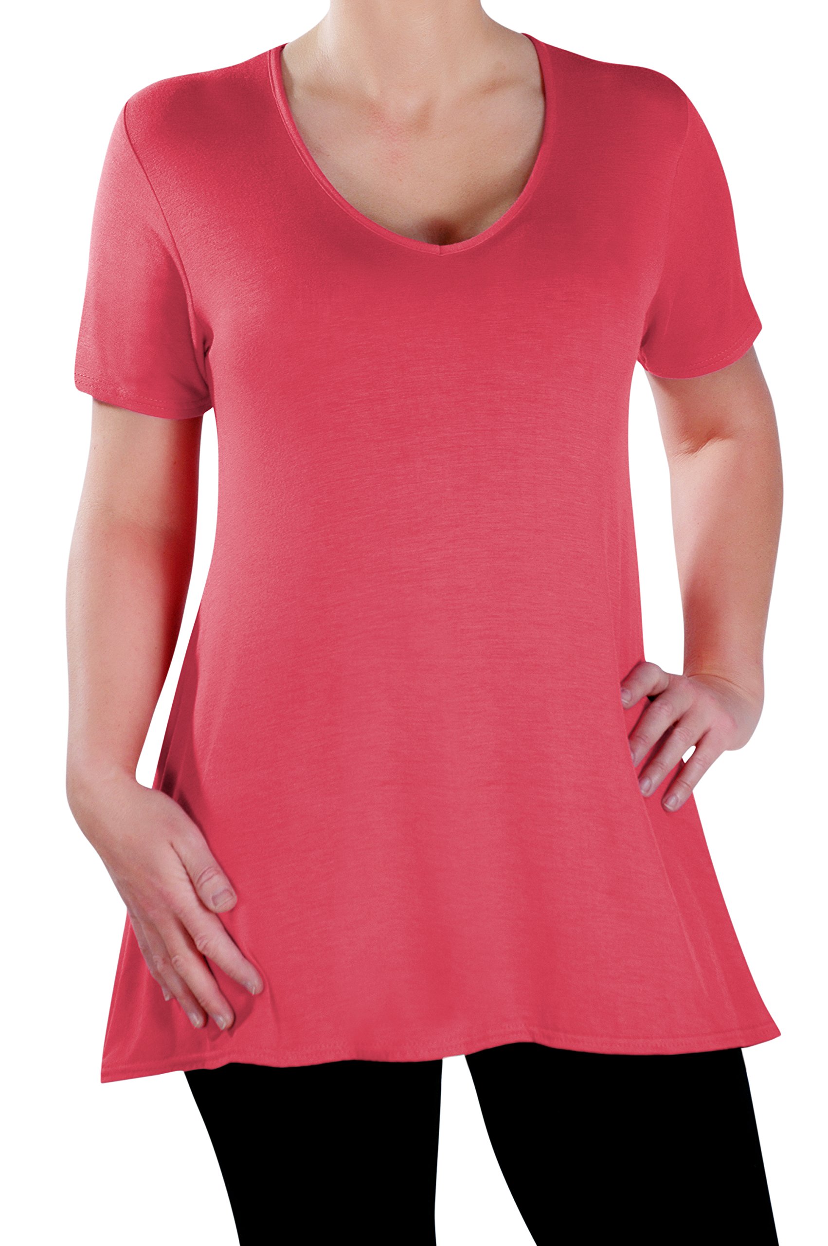 Eye Catch Women's Coral - Delphine V Neck Plus Size Top Short Sleeve Casual Long Flared T Shirt Tunic Tops Size 16