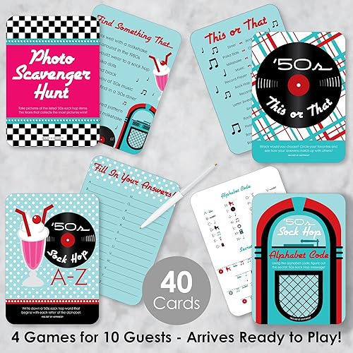 Miniatura 2 de Big Dot of Happiness 50's Sock Hop - 4 juegos de fiesta Rock N Roll de los años 50 - 10 cartas cada uno - Paquete Gamerific