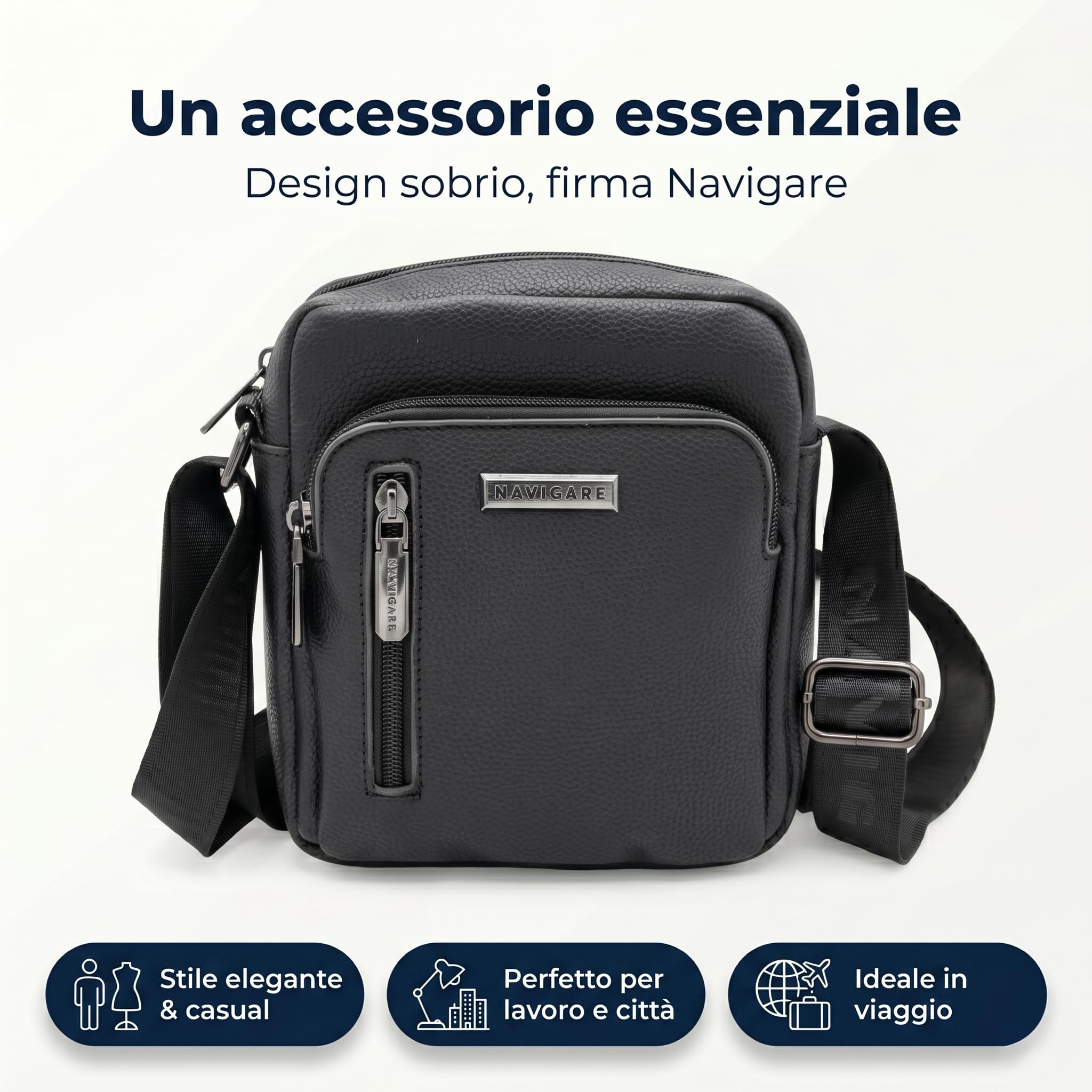 Navigare BORSELLO UOMO TRACOLLA – Borsello Uomo in Ecopelle con Tracolla Regolabile, 2 Tasche con Zip e Scomparti Interni, Stile Elegante e Casual per Lavoro, Viaggio e Tempo Libero