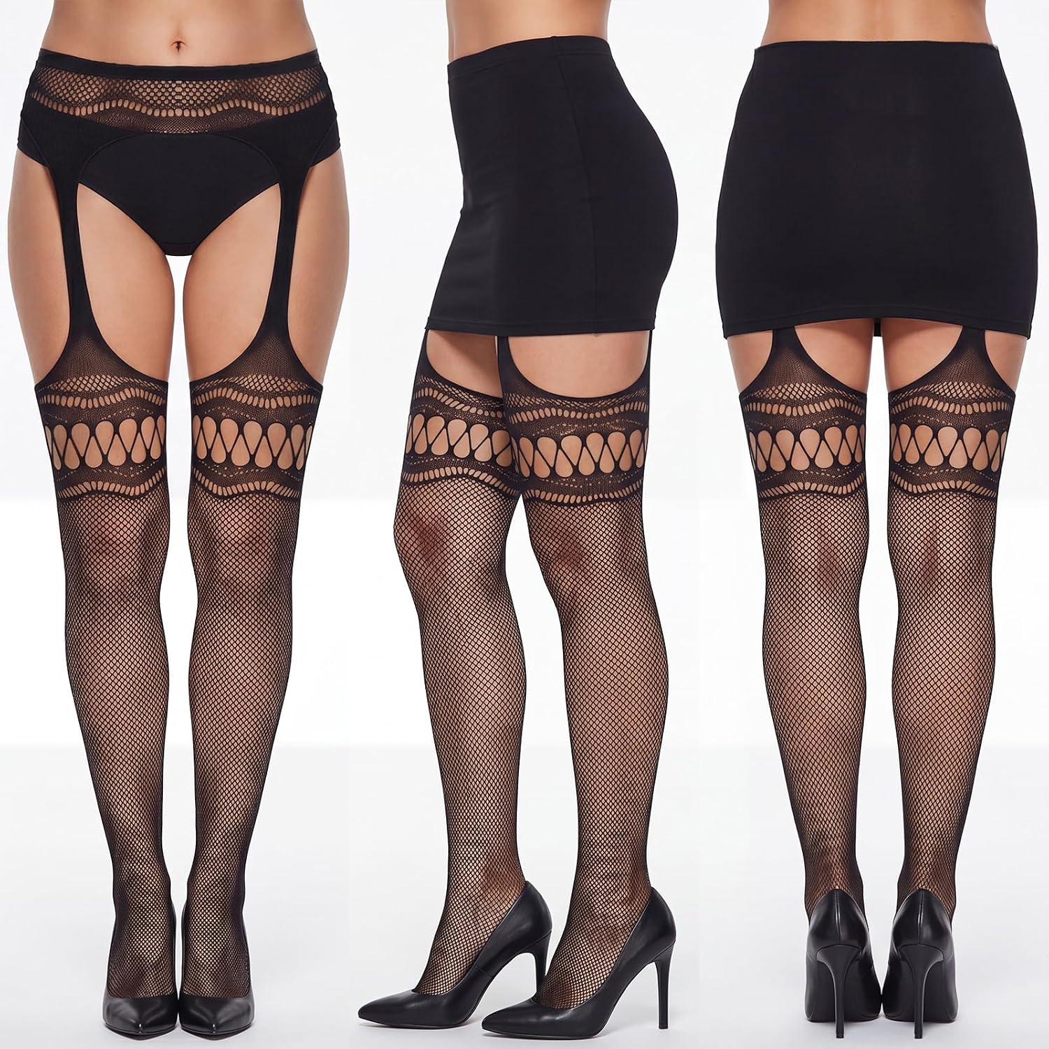 6 Pair Fishnet Thigh High Garter Belt Stockings Patterned Tights Suspender Pantyhose for Women