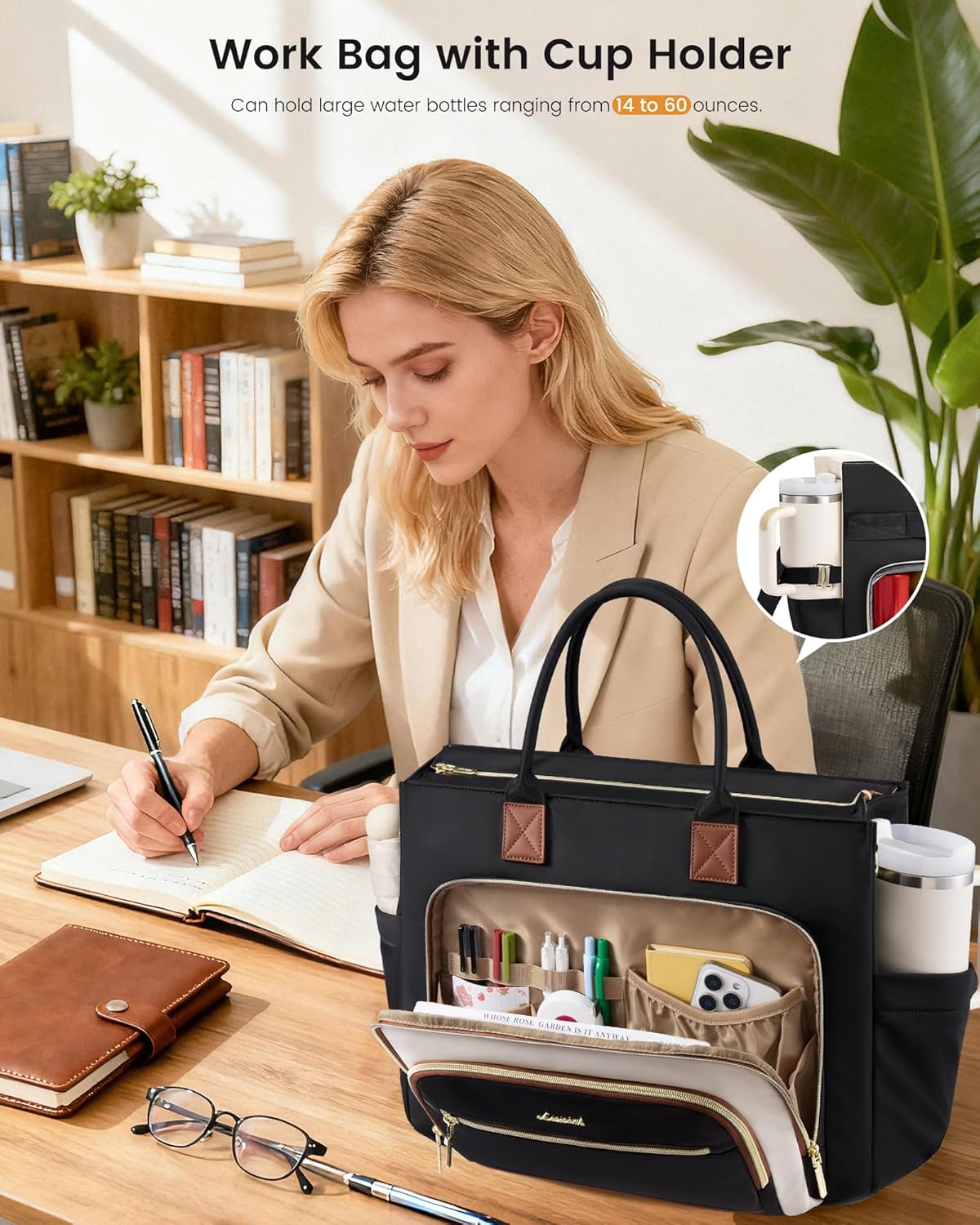 LOVEVOOK Insulated Lunch Bag,2-in-1 Work Tote Bag with Lunch Compartment,Large Capacity Professional Work Bag for Women,15.6 Inch Laptop Bag with Cup Holder for Teacher,Nurse,College,Office,Travel - Image 2