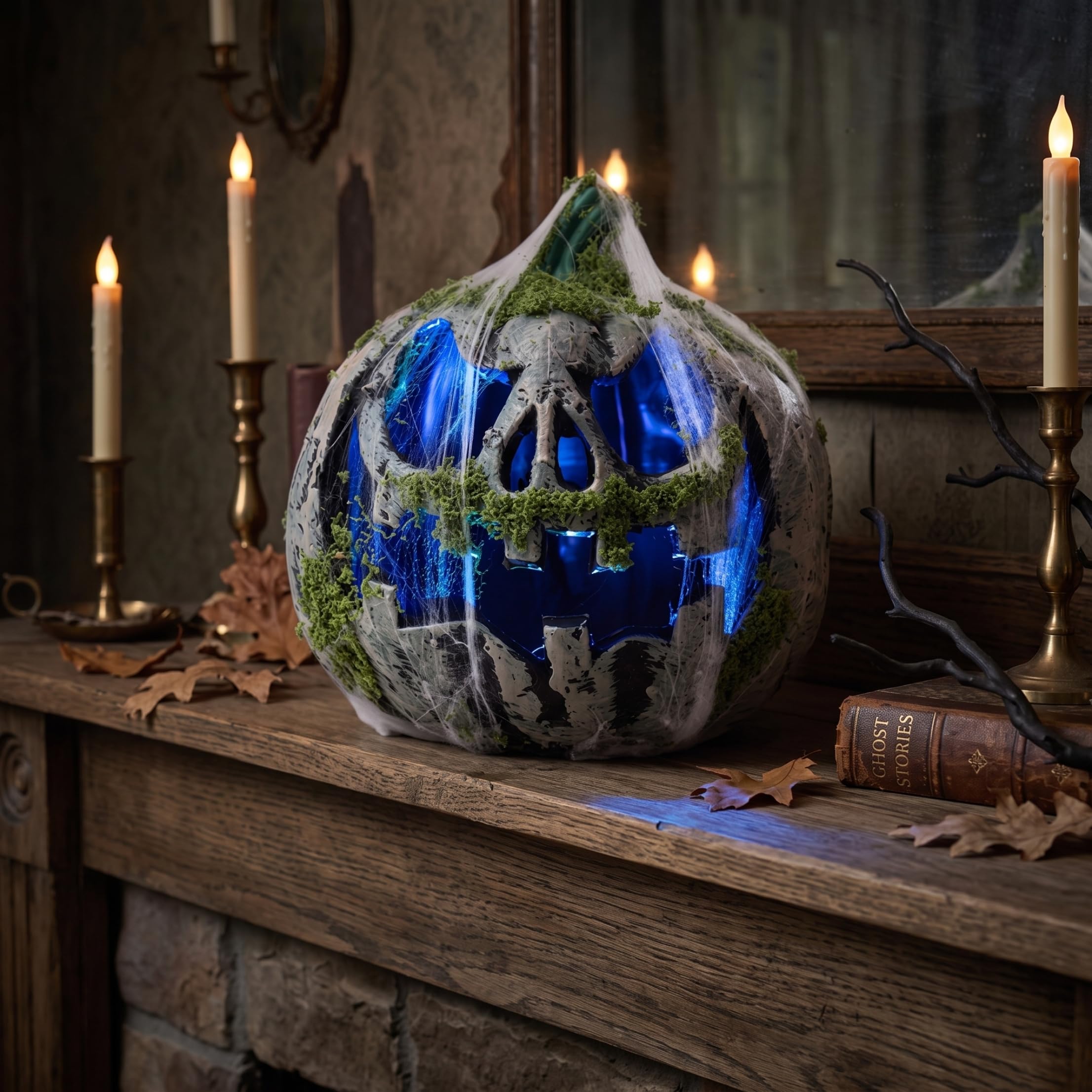 Decorazioni per il portico di Halloween con zucche illuminate, muschio e ragnatela Jackolantern