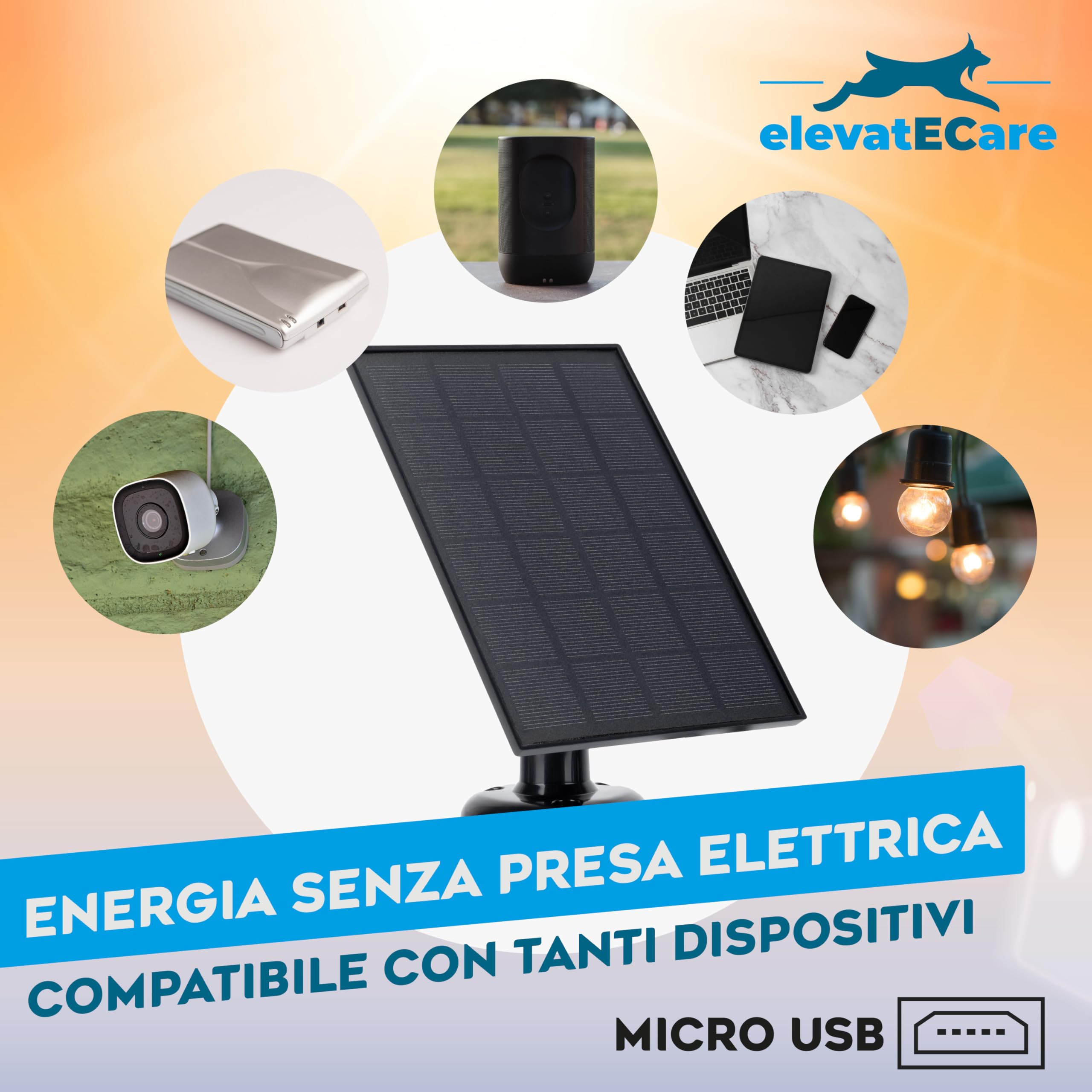 Pannello Solare Portatile Micro USB 3W – Alta Efficienza 23%, con Supporto 360°, per Luci LED, Powerbank, Emergenza