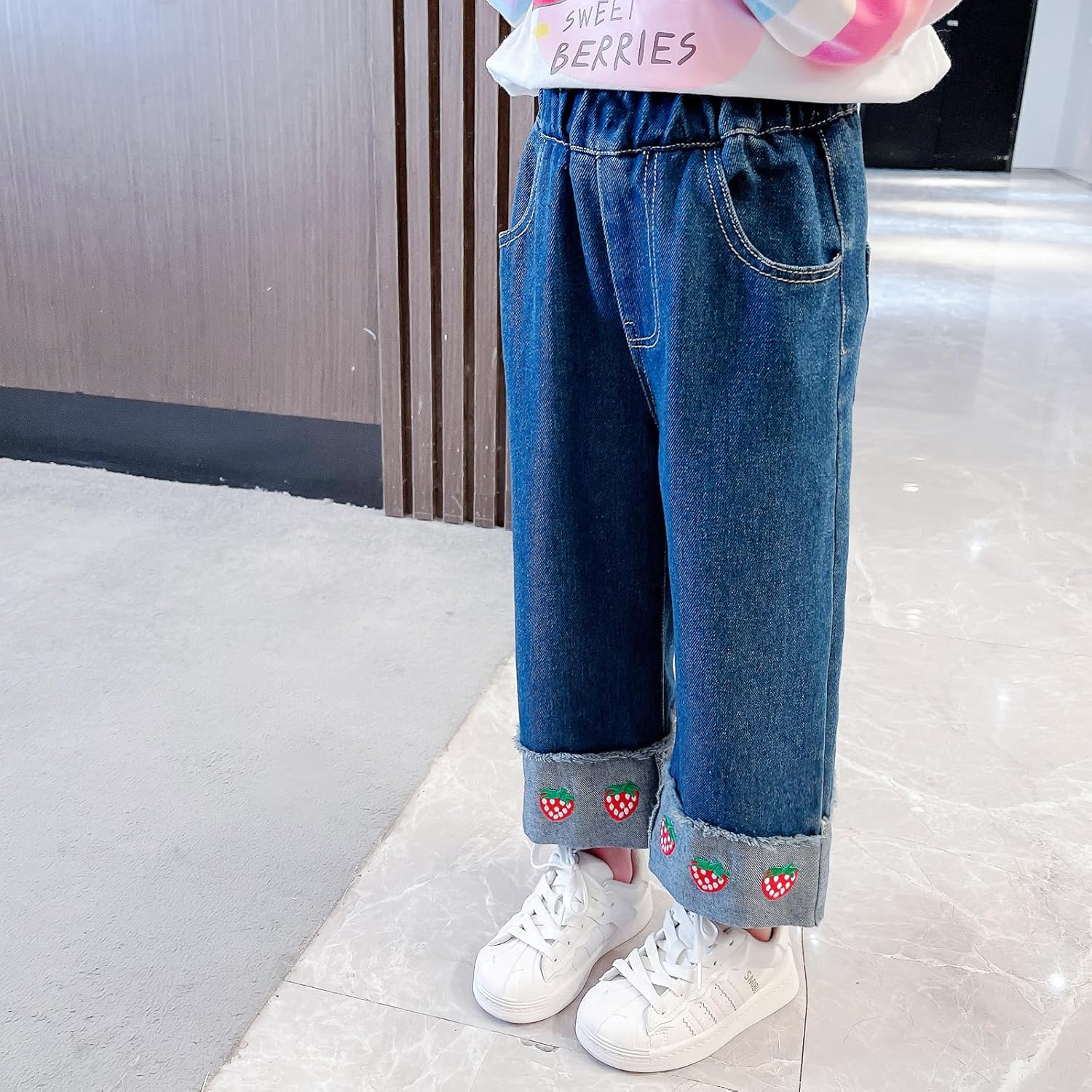 Little Girls Stretch Waist Jeans | Toddler Straight Leg Denim Pants with Strawberry Embroidery Comfortable Playwear - Image 2