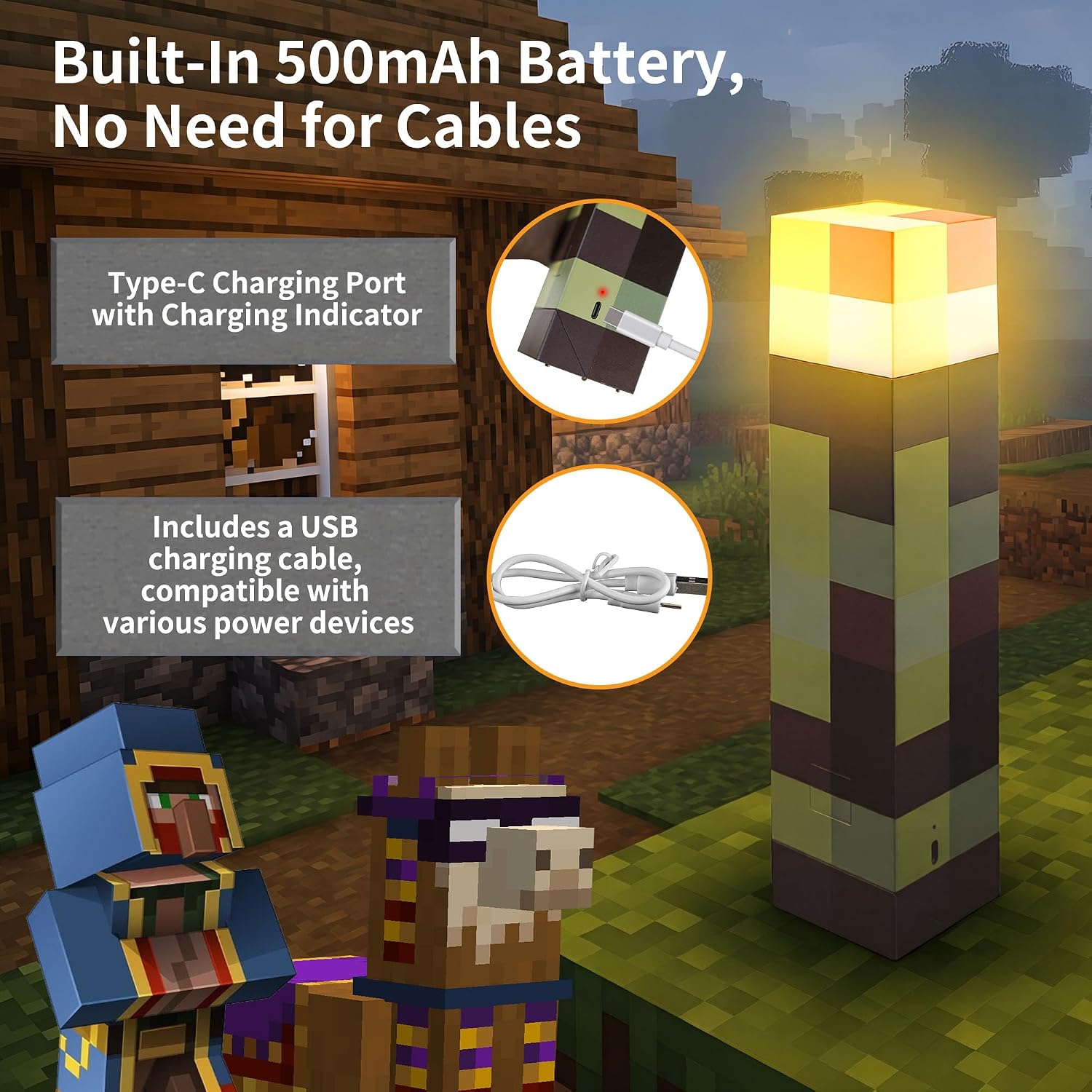 Pixelated Torch Night Light for Boys, 7-Color Rechargeable Wall Torch Lamp