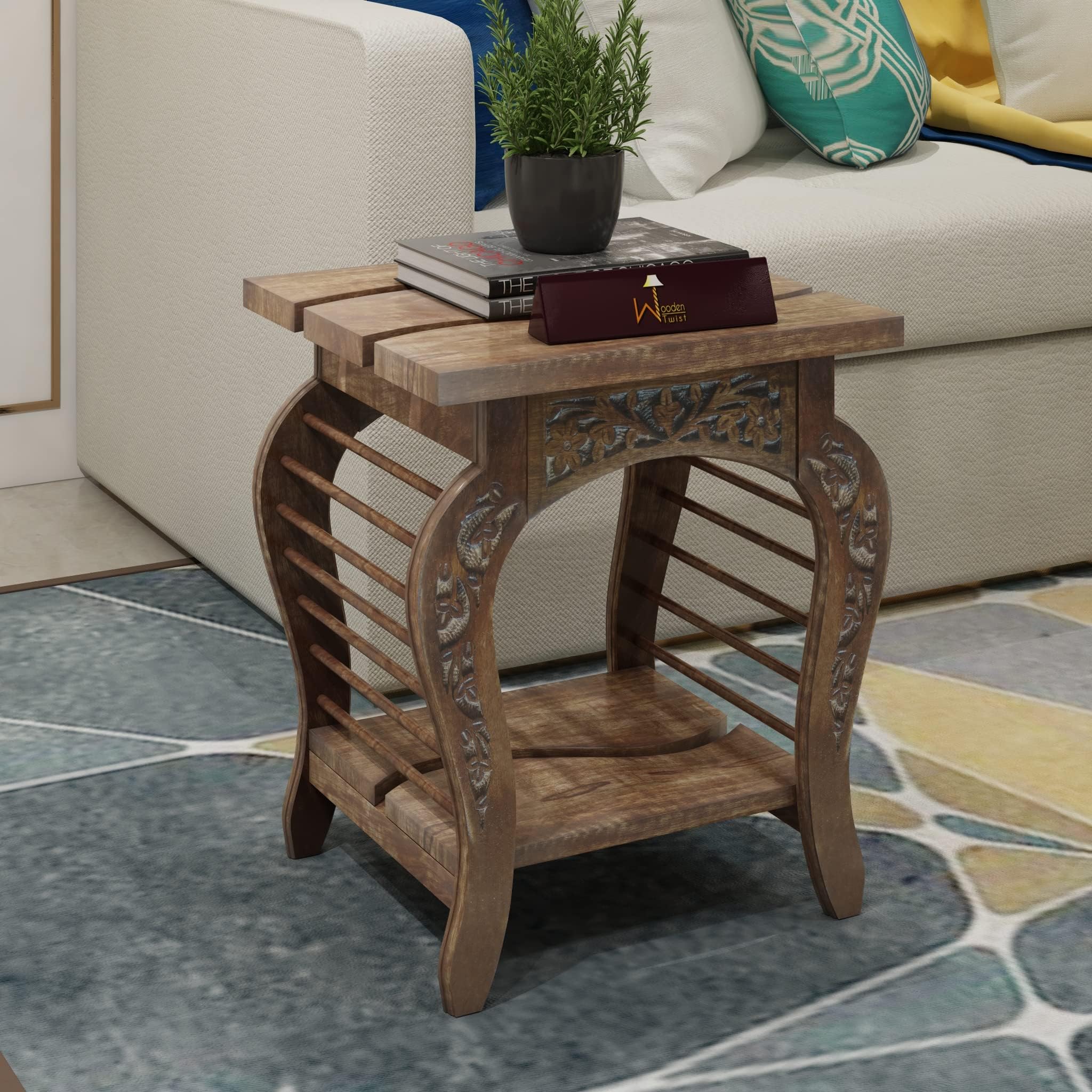 Onlineshoppee Lopat End Table (Light Walnut Finish, Solid Wood)