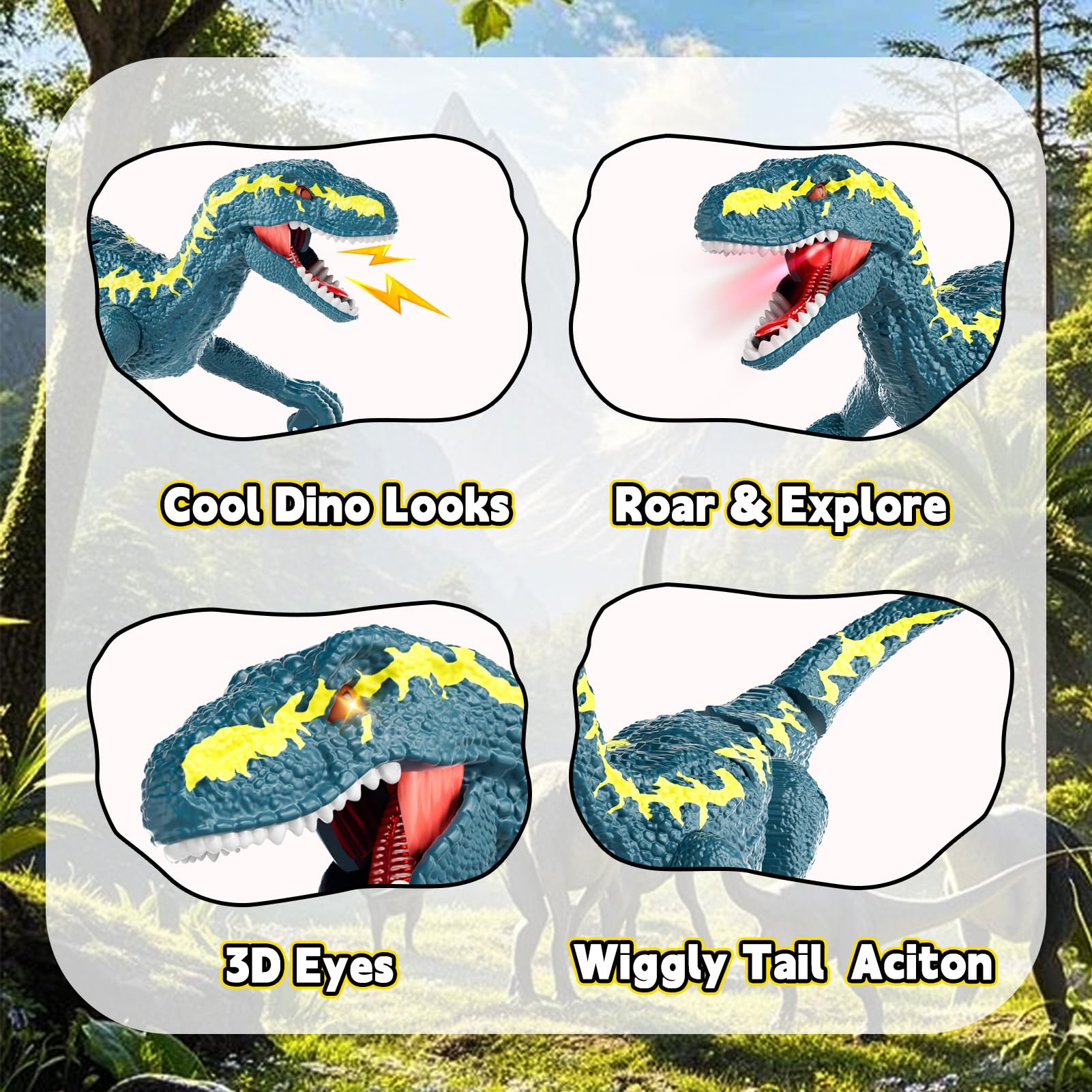 Dinosaurio Teledirigido para Niños 3+, RC Dinosaurio Caminante Recargable 2,4 GHz con Ojos 3D y 3 Sonidos, Juguete Animal Prehistórico Interactivo para Niños y Niñas 3+ (Azul)