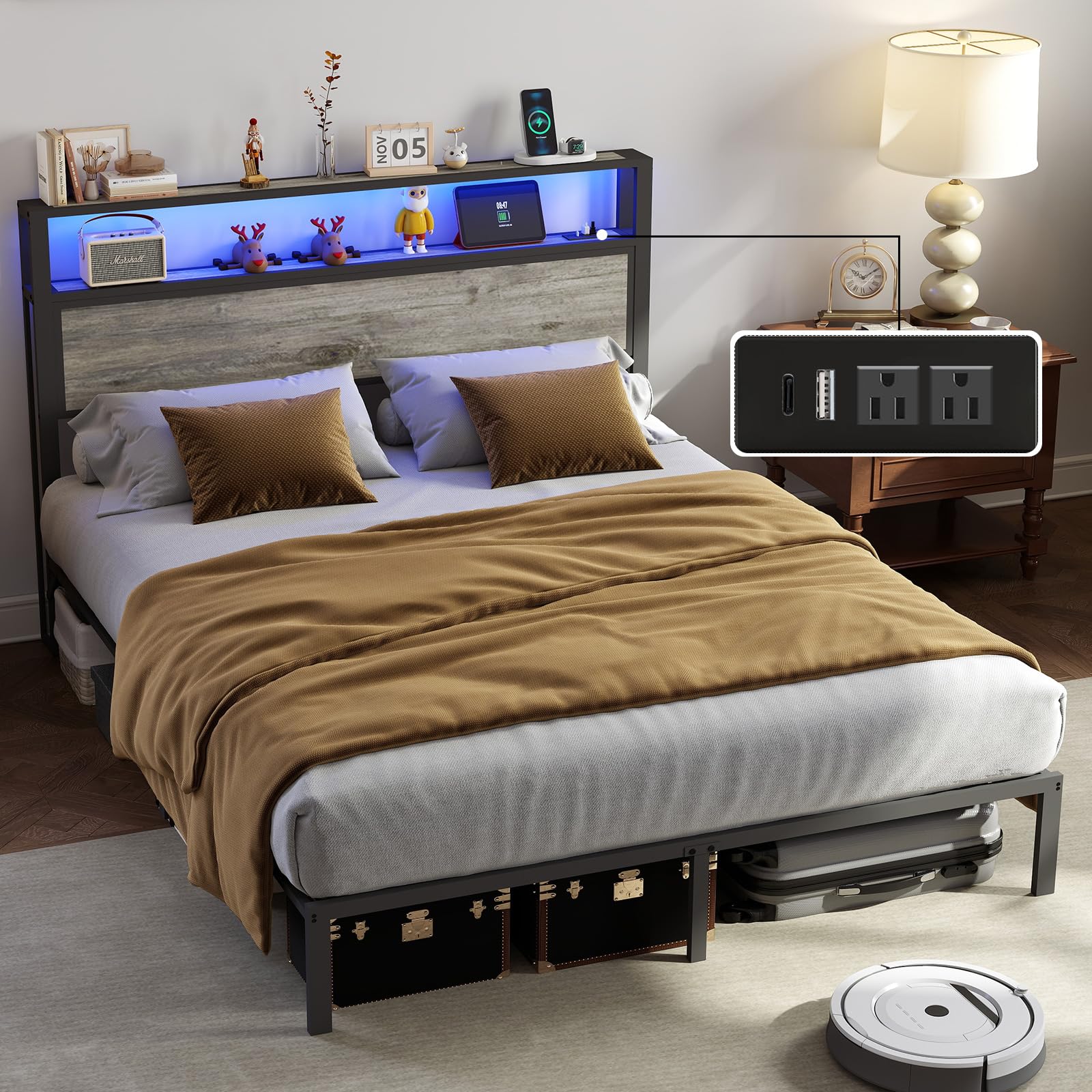 Full Size Bed Frame with Headboard, Metal Platform Bed Frame with LED Lights & Charging Station, Under Bed Storage, Solid and Stable, No Box Spring