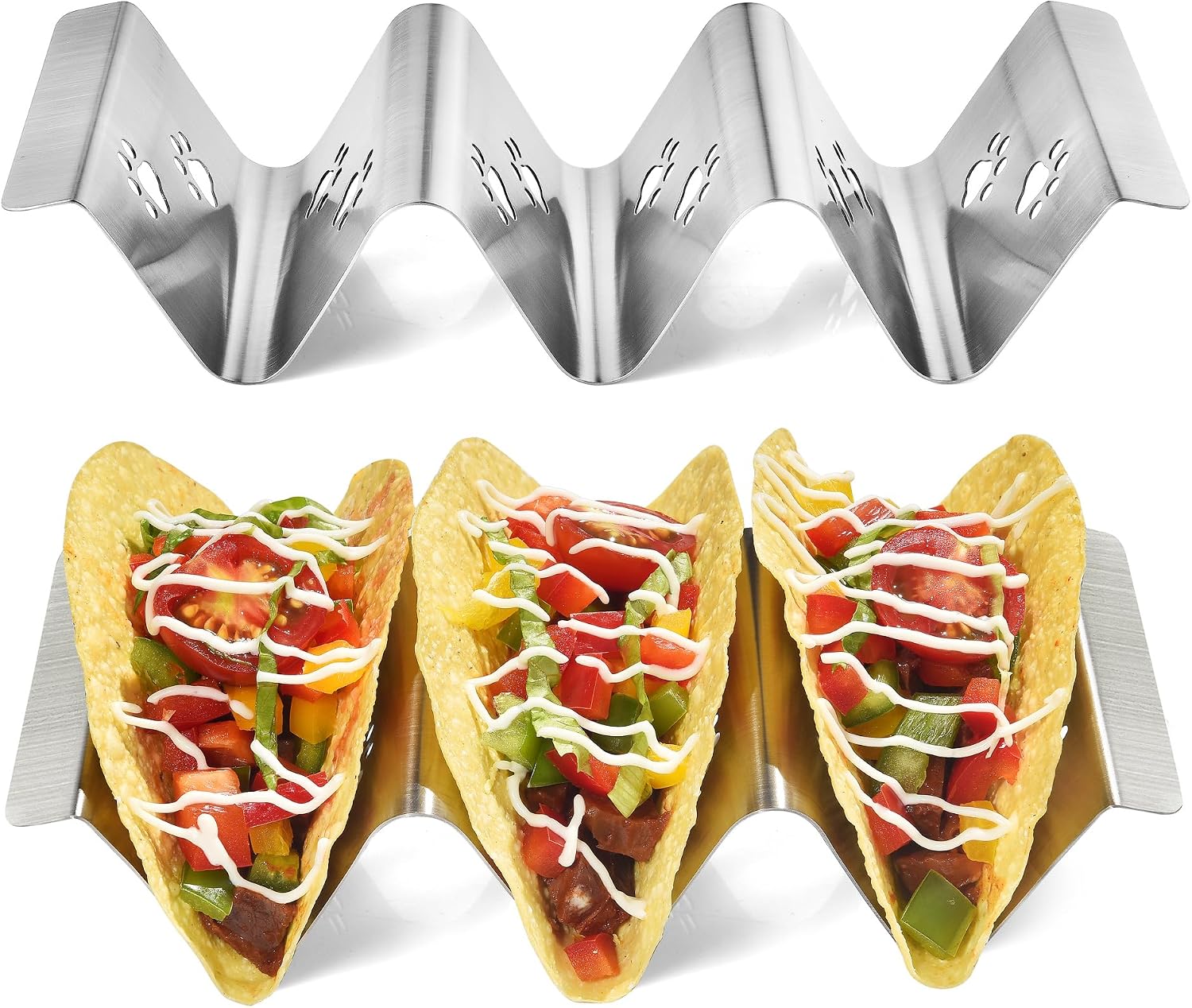 Mini Taco Holders Set of 6 Stainless Steel Taco Holder for Kids Taco Night - Premium Easy To Use and Clean Taco Stand For 3 Soft Hard Shell Tacos - Perforated with Bear Paw