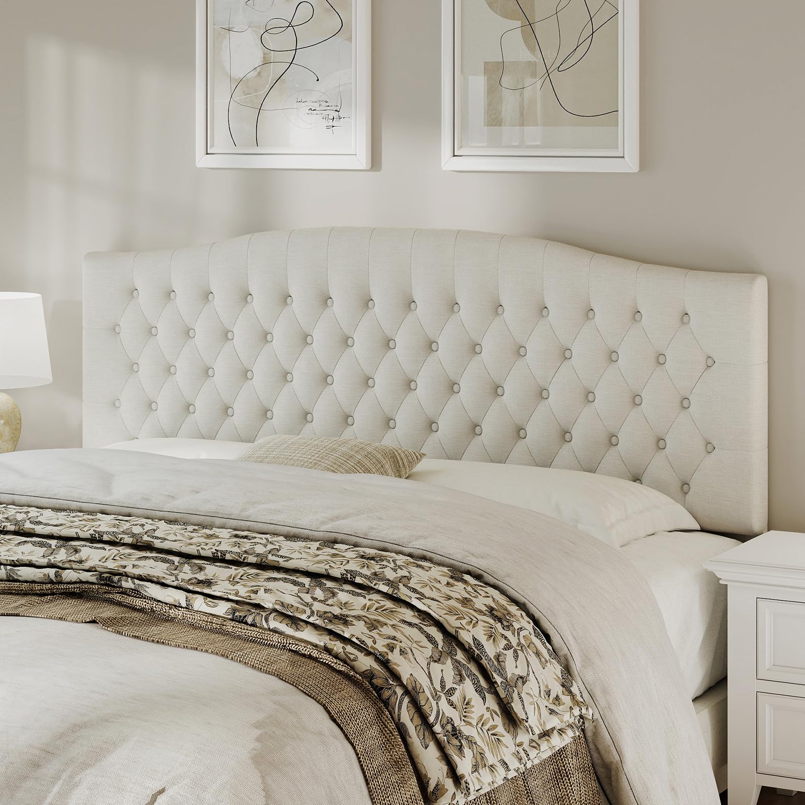 Ivory Linen Tufted King Headboard