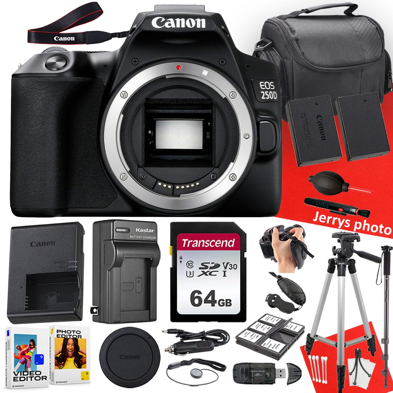 Canon EOS 250D / Rebel SL3 DSLR Camera (Body Only) + 64 GB Memory + Tripod + Monopod + Extra Battery + More (21pc Bundle) (Renewed), Black