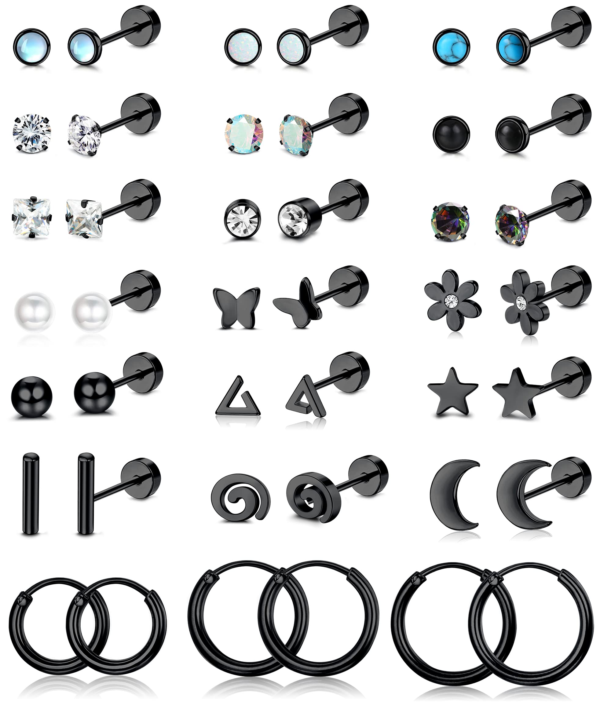 LOLIAS 21Pairs Surgical Steel Flat Back Earrings Hypoallergenic 20G Screw Back Nap Stack Cartilage Earring Stacks