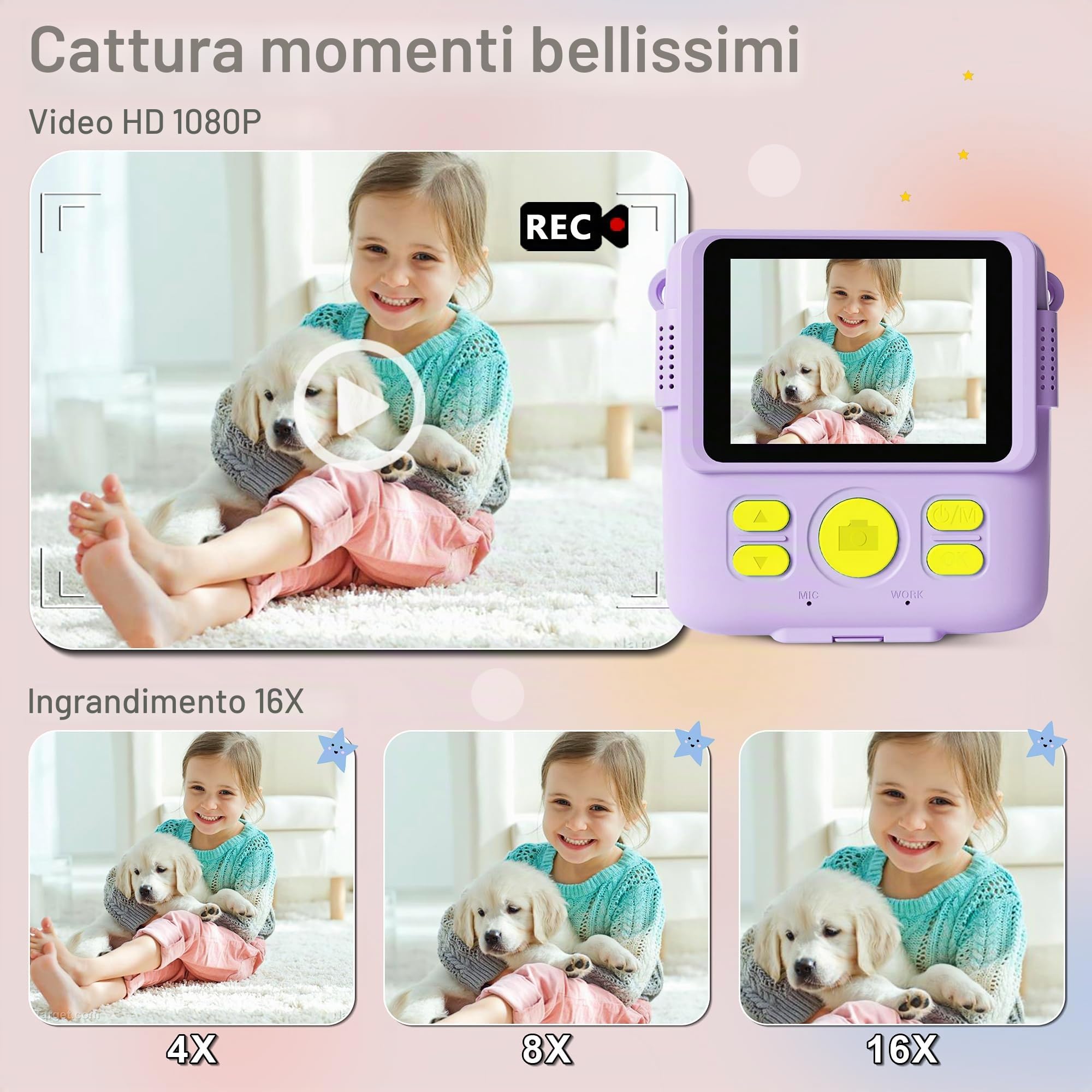 GKTZ Macchina Fotografica Bambini Istantanea - 1080P HD Digitale Fotocamera Stampa, Giocattolo con 32GB Scheda e 3 Rotoli di Carta Fotografica, Regali di Compleanno per Bambine di 4-12 Anni, Viola
