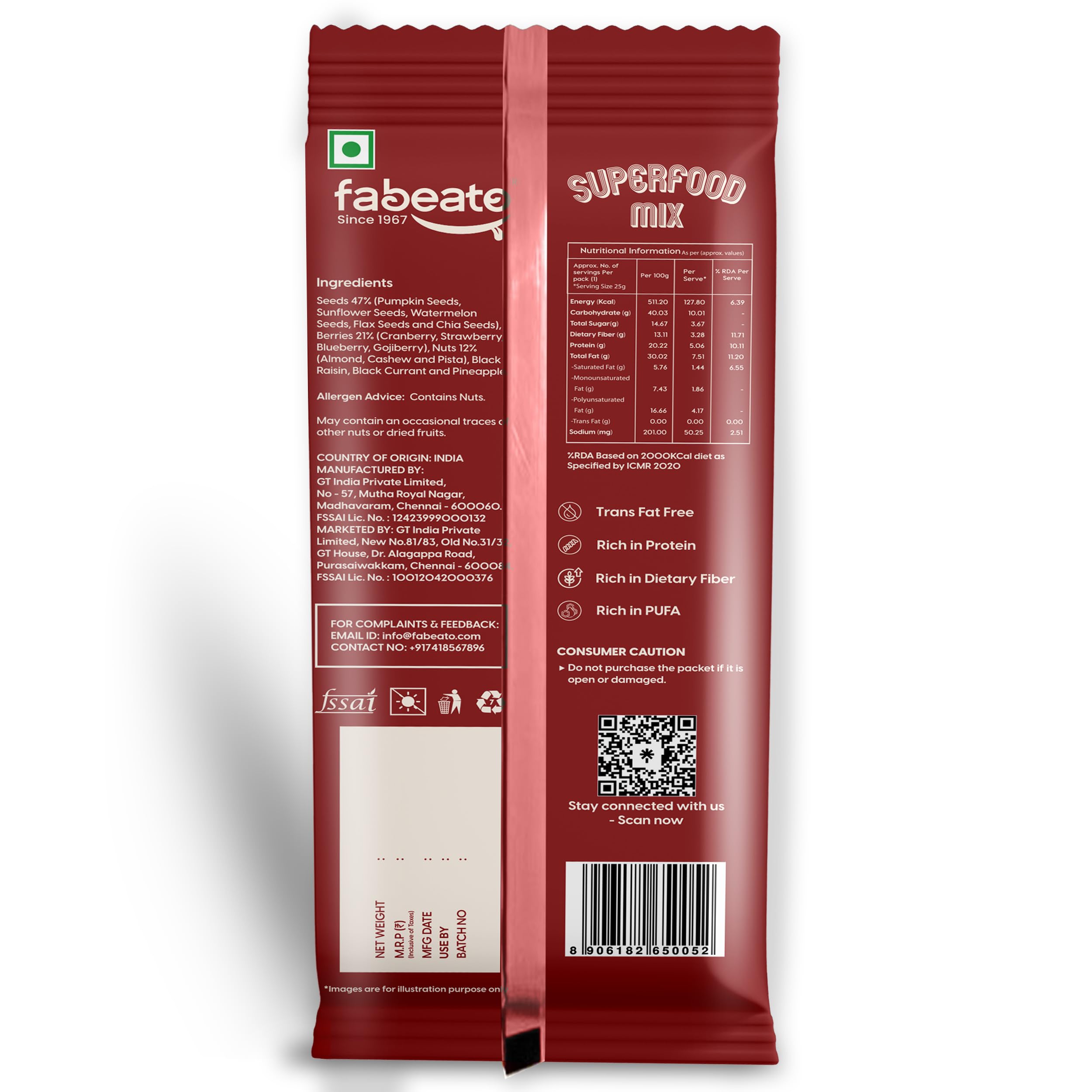 Fabeato Munch on the Go Snack Premium Superfood Mix | Nüsse, Trockenfrüchte, Samen und Beeren | reich an Ballaststoffen, reich an Eiweiß | Jeder Beutel 25 g | 10 Stück