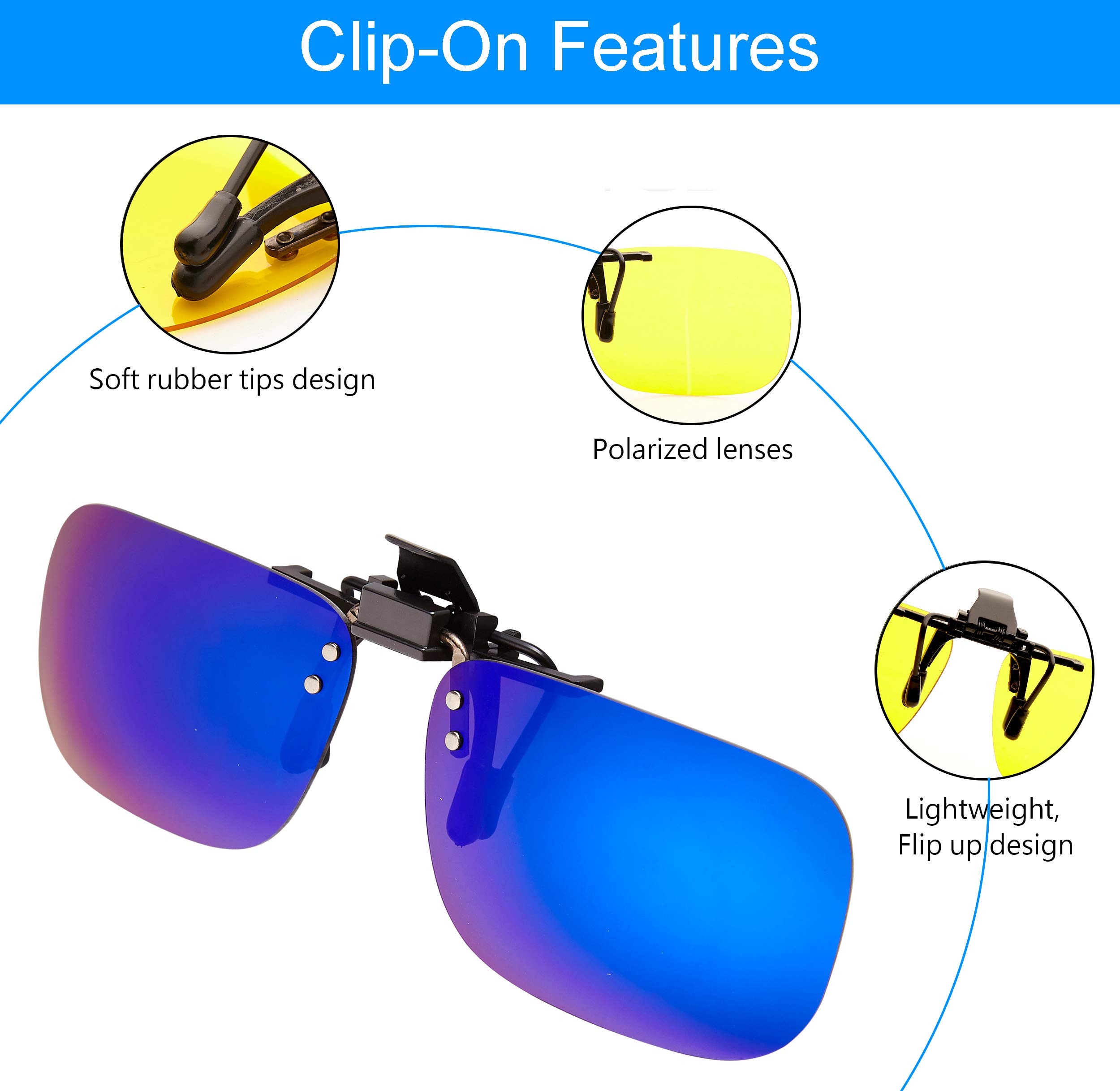 Polars Design Clip-On Polarized Sunglasses - 2-Pack Flip Up Anti-Glare Lenses For Over Prescription Glasses