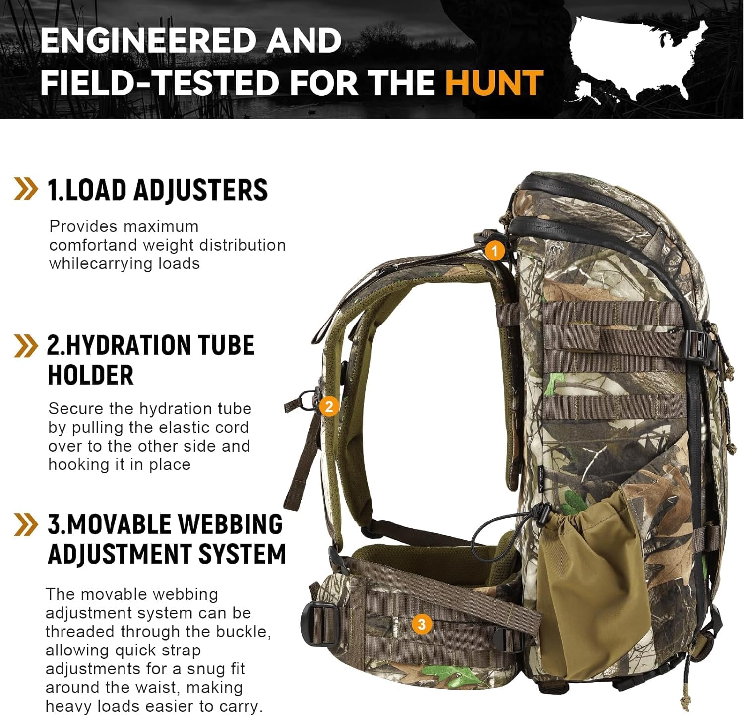 VOTAGOO 30L Jagdrucksack mit Tragesystem für Gewehr und Bogen - Verstellbarer Aluminium-Frame für die Jagd (G2)