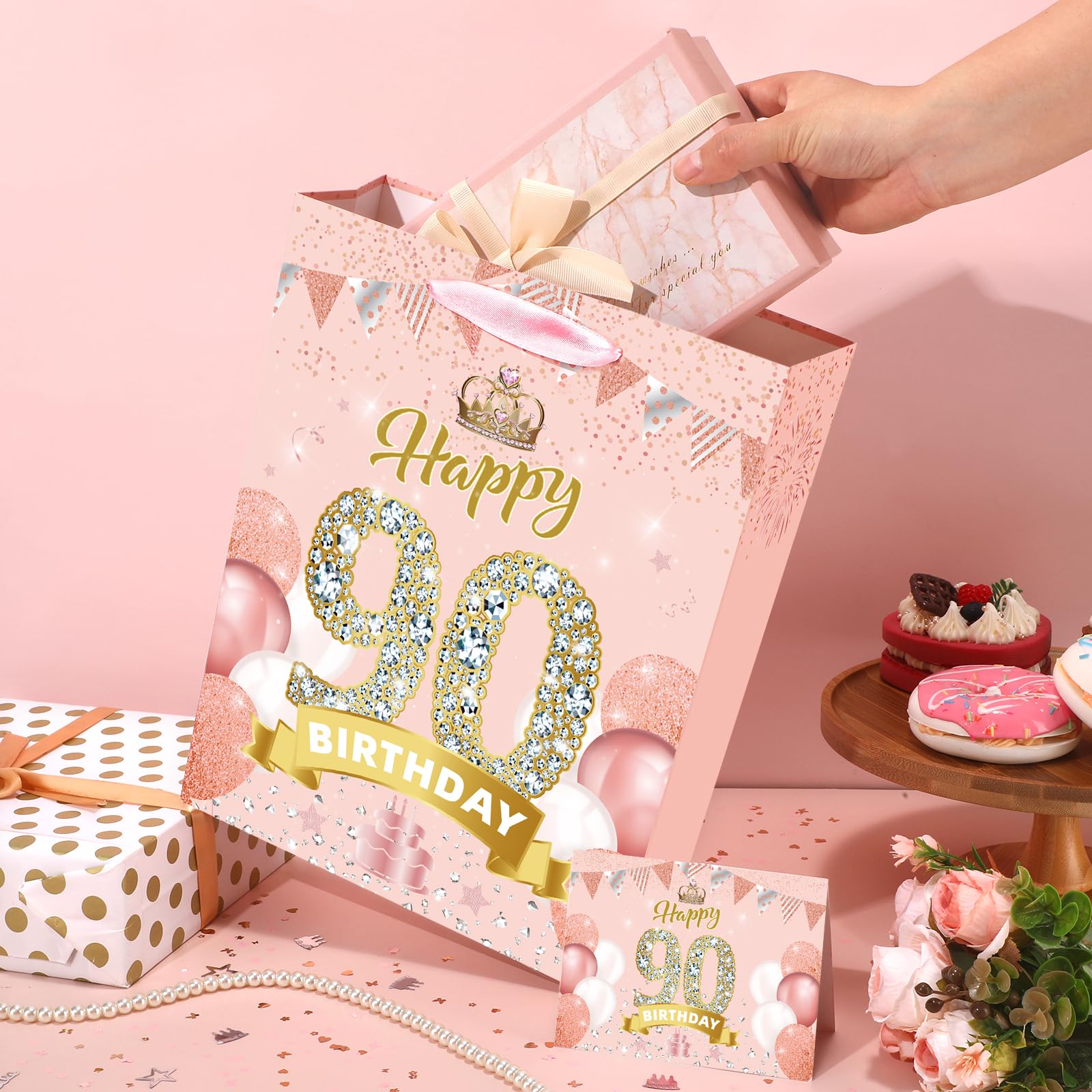 Yoirrat Rose Gold 90th Birthday Gift Bag for Women Large Pink Happy 90th Birthday Gift Bag with Happy 90th Birthday Card Wrapping Paper for 90th Birthday Christmas Decorations Party Supplies