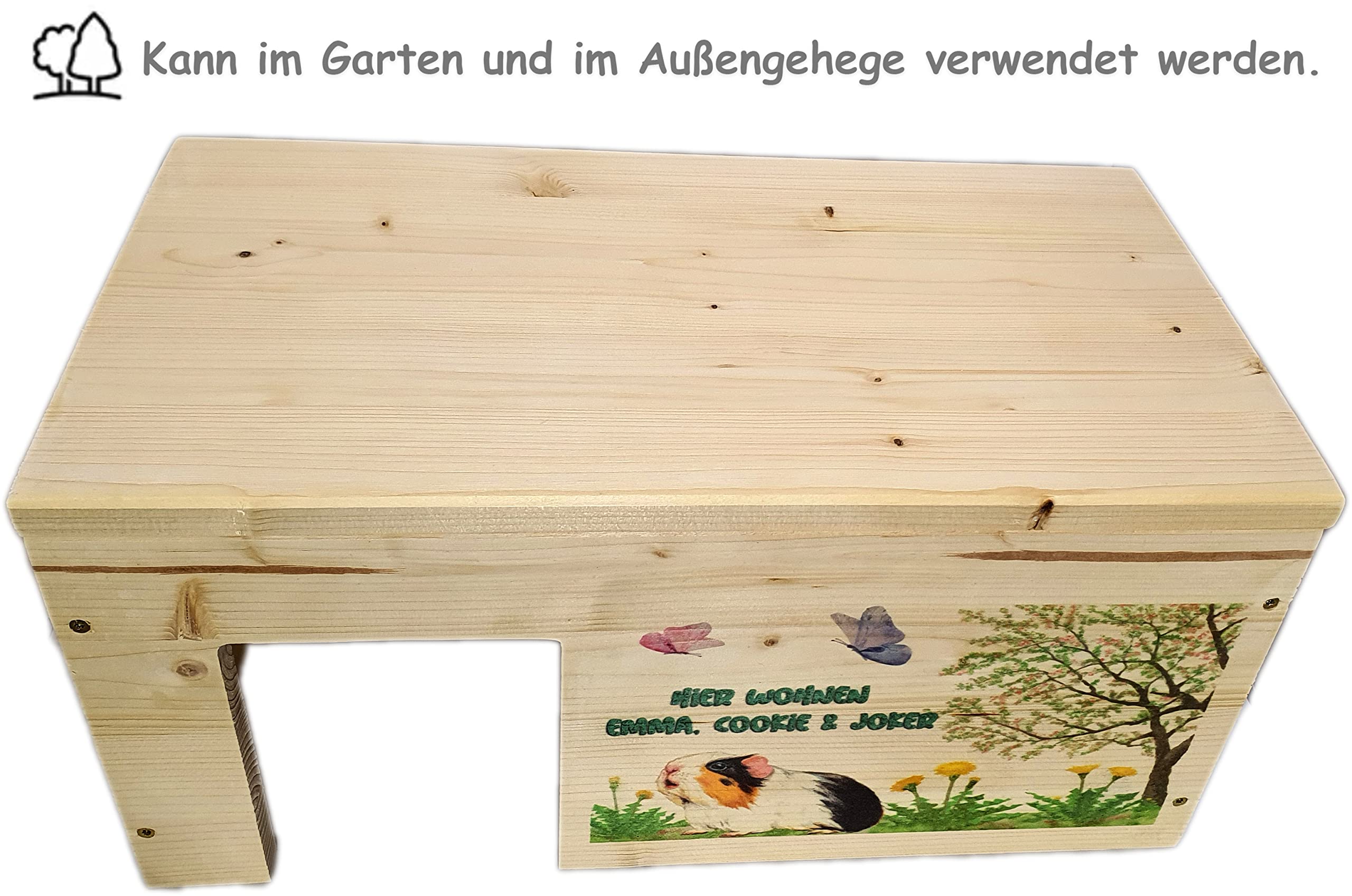 Nagerstore Meerschweinchenhaus Personalisiert mit Wunschnamen ihrer Meerschweinchen mit 2 Eingängen, Holzlasur & Aufklappbar / 45x25x22cm