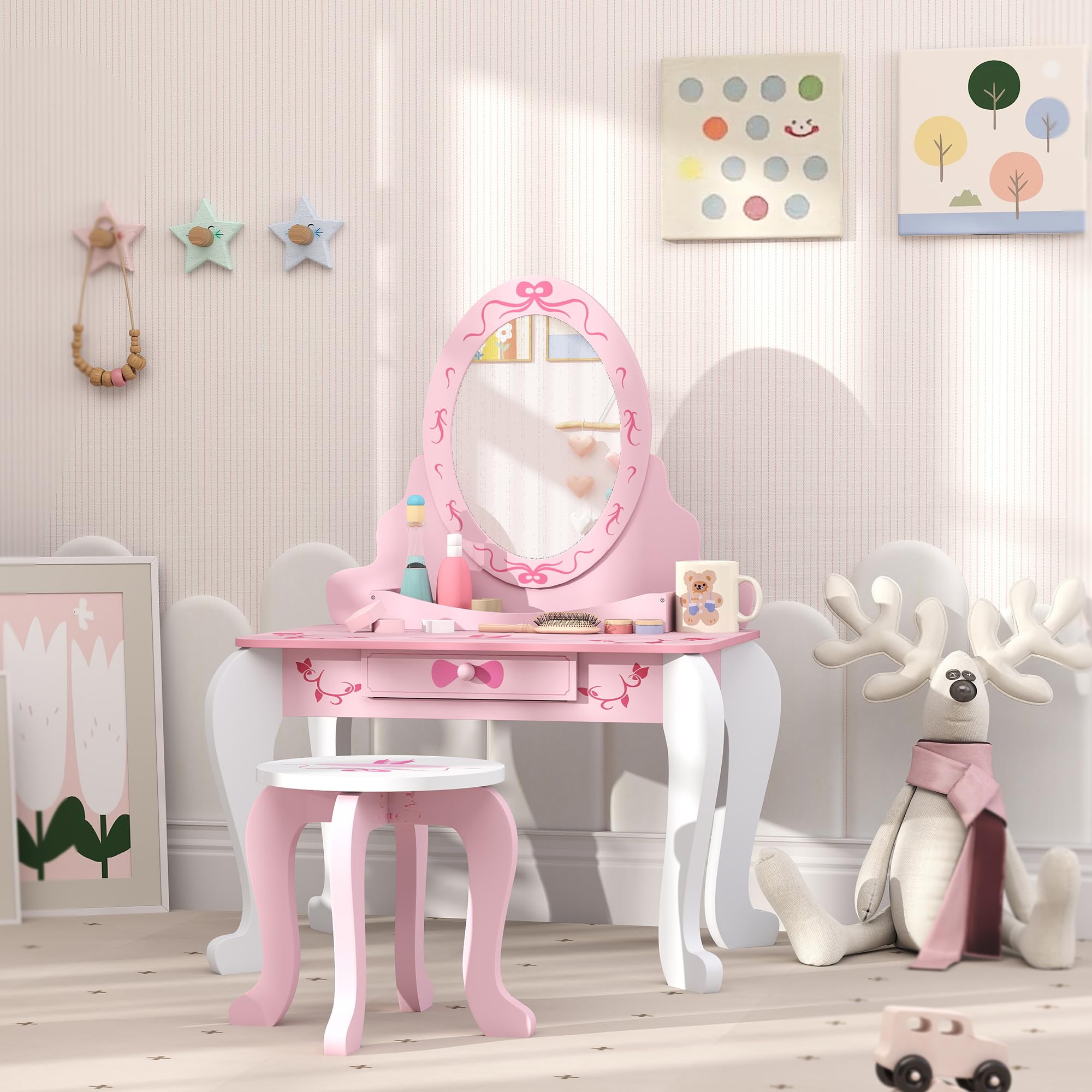 AIYAPLAY, set tavolo da toeletta per bambini, tavolo da toeletta a due pezzi con sgabello, specchio, cassetto, spazio di archiviazione sul desktop, tema del balletto, tavolo da trucco per ragazze