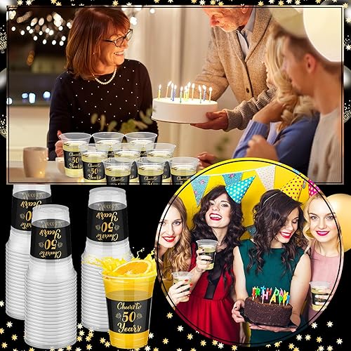 Miniatura 3 de Uiifan 50 vasos de plástico negros para fiesta de cumpleaños 50 de 16 onzas con texto en inglés "Cheers to 50" (16 onzas) para fiesta de