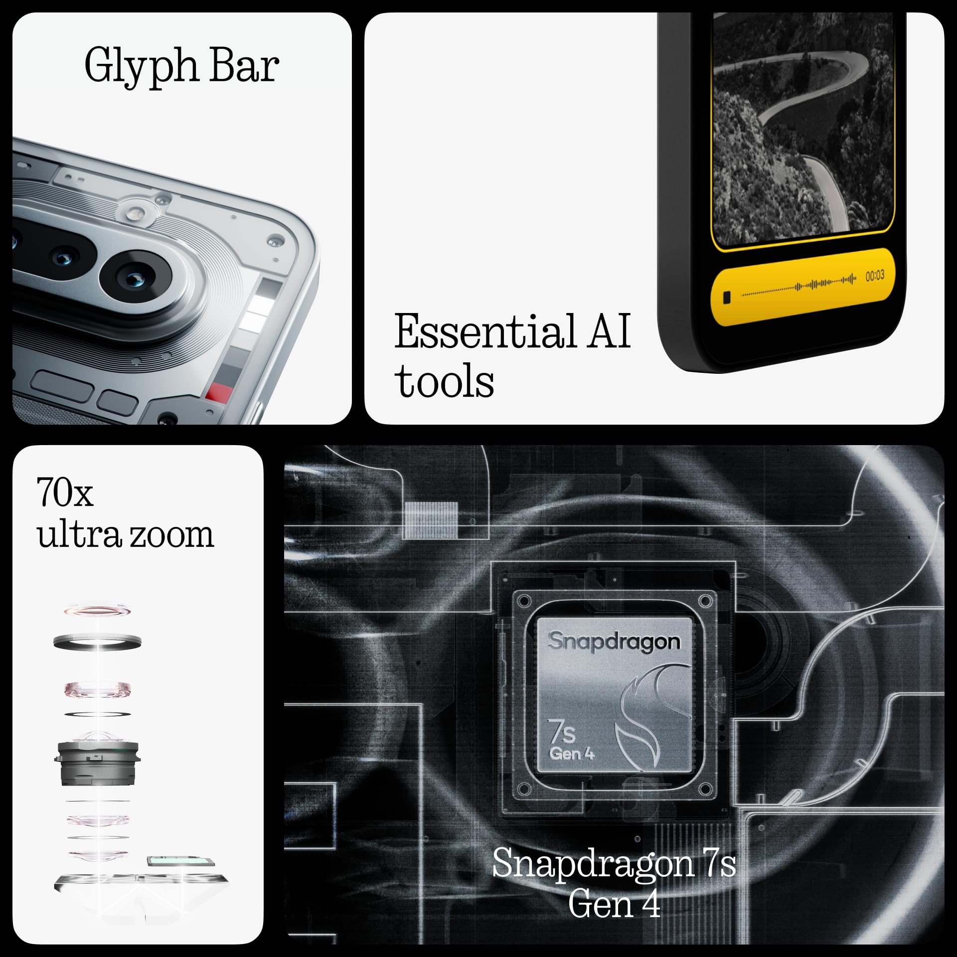 Nothing Phone (4a) - Tripla Fotocamera 50MP, Ultra Zoom 70x, Smartphone Trasparente, Batteria Lunga Durata, Ricarica Rapida 50W, AMOLED 120Hz, Glyph Bar, 12GB+256GB - Bianco