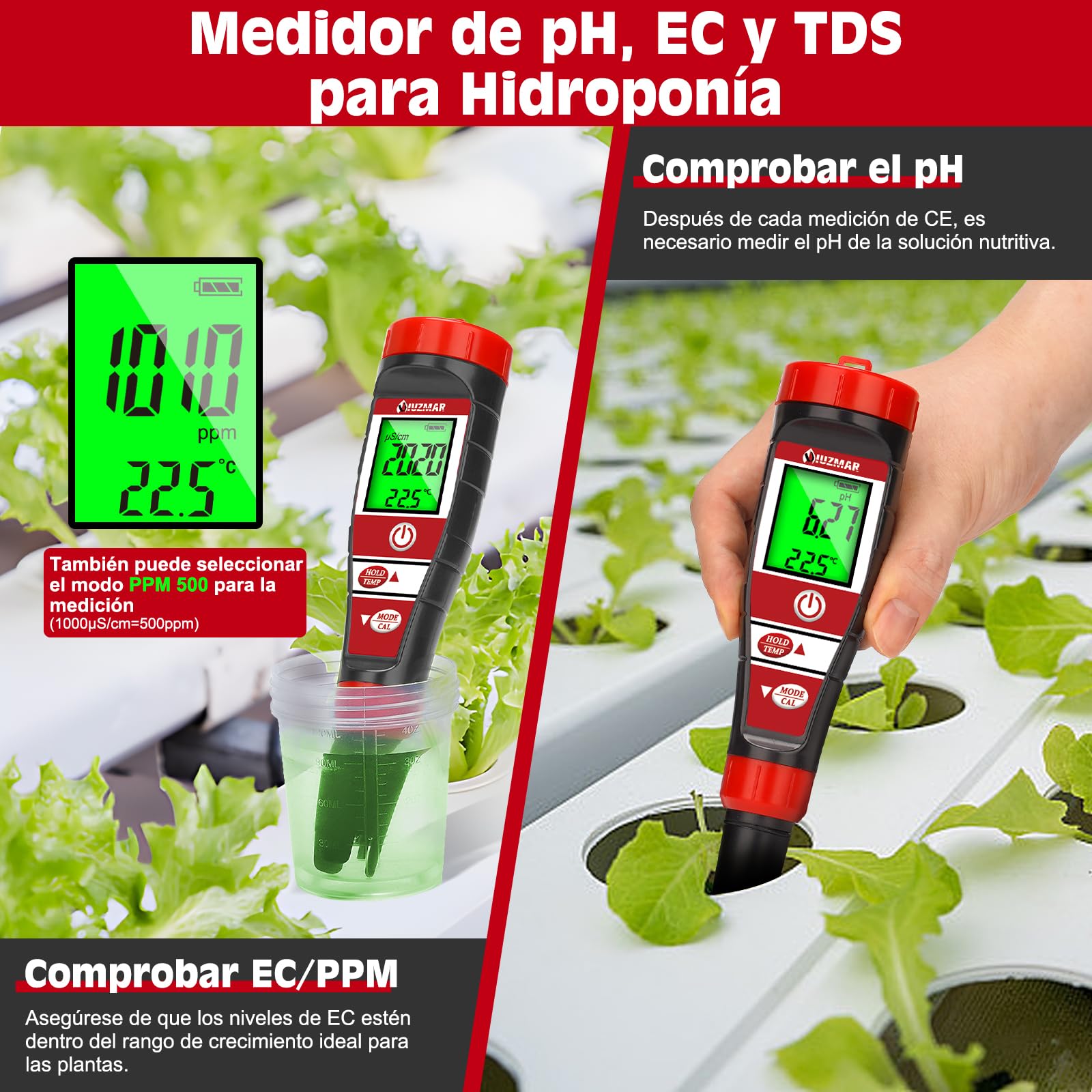 Medidor de TDS y pH para Hidroponia, Medidor Digital de pH EC Agua, 4 en 1 Medidor de pH/EC/TDS/Temp, Medidor de pH y Conductividad con Solución de Calibración 1413 para Piscina, Spa, Acuarios
