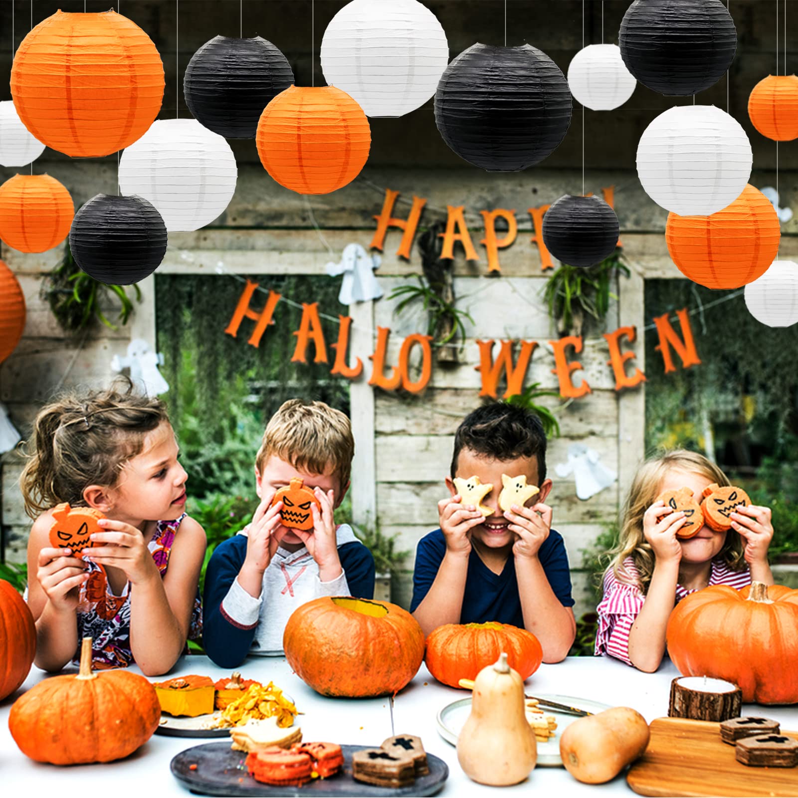 Papierowe lampiony, dekoracje imprezowe, pomarańczowe, czarne, białe, okrągłe, wiszące lampiony, ukończenie szkoły, Halloween, Święto Dziękczynienia, dekoracje na przyjęcie urodzinowe, 21 szt