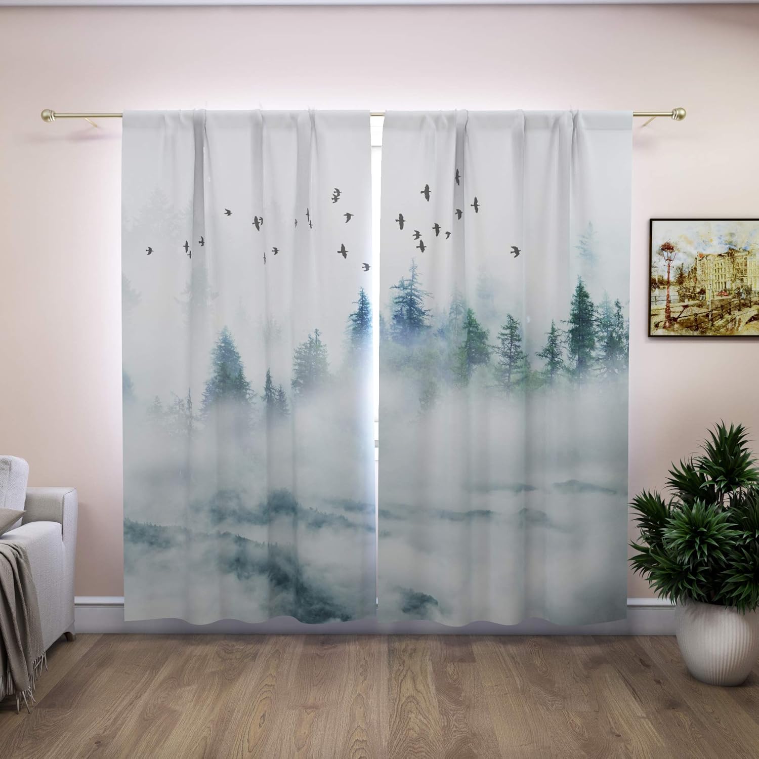 Factory4me Woodland Curtains, Modern Aesthetic Pine Tree Print, Green Forest Nature, Room Darkening 84 inches Long, for Livingroom Bedroom Kitchen, Elegant Rod Pocket Turquoise Gray Drapes