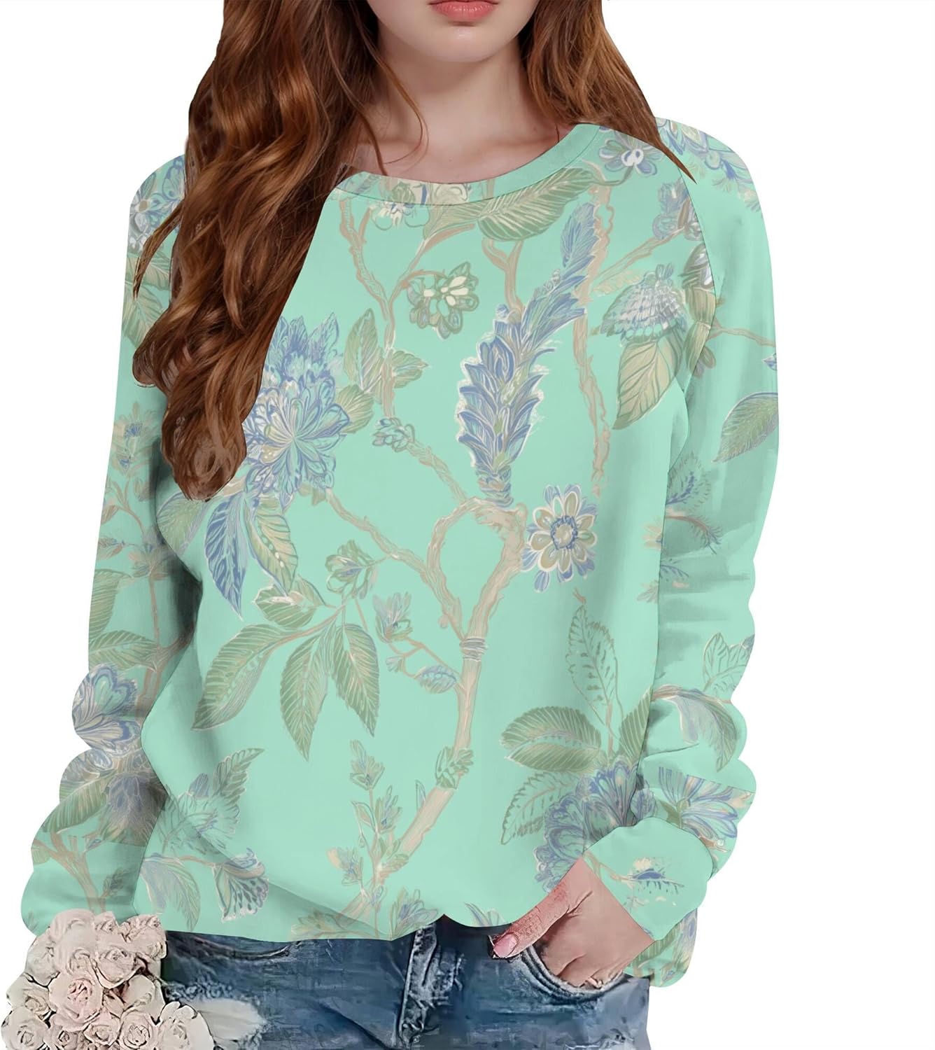 Womens Fall Floral Print Tops Boho Graphic Sweatshirts Crewneck Fall Winter Fashion Casual Outfits Tops for Women