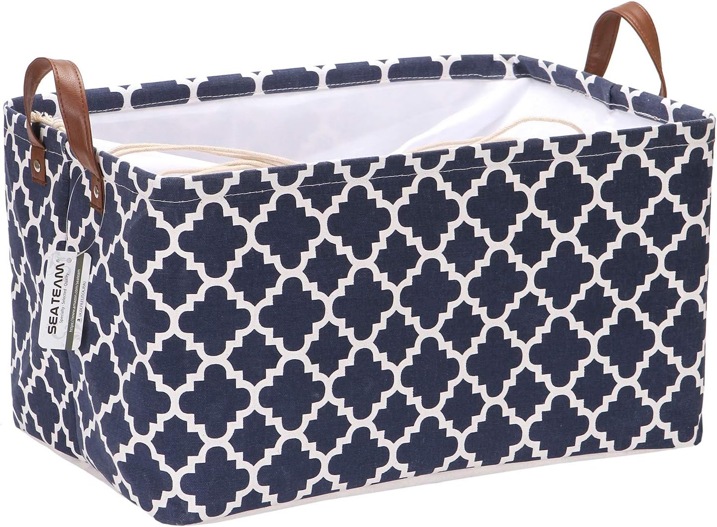 Sea Team Moroccan Pattern Canvas Fabric Storage Basket Collapsible Geometric Design Storage Bin with Drawstring Cover and PU Leather Handles, 16.5 by 11.8 inches, Waterproof Inner